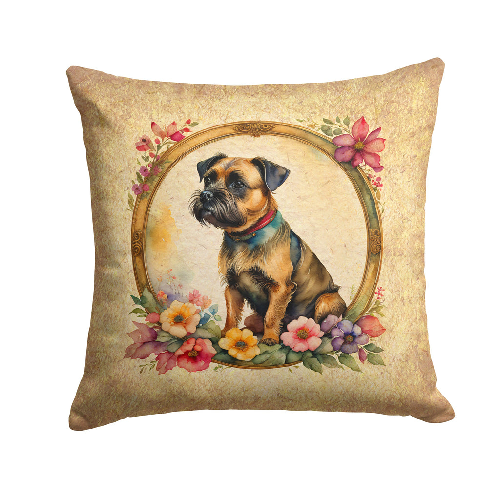 Border Terrier and Flowers Decorative Throw Pillow 14x14 Indoor Outdoor Accent Cushion, Fabric Cover with Insert for Sofa, Bed, Porch & Living Room