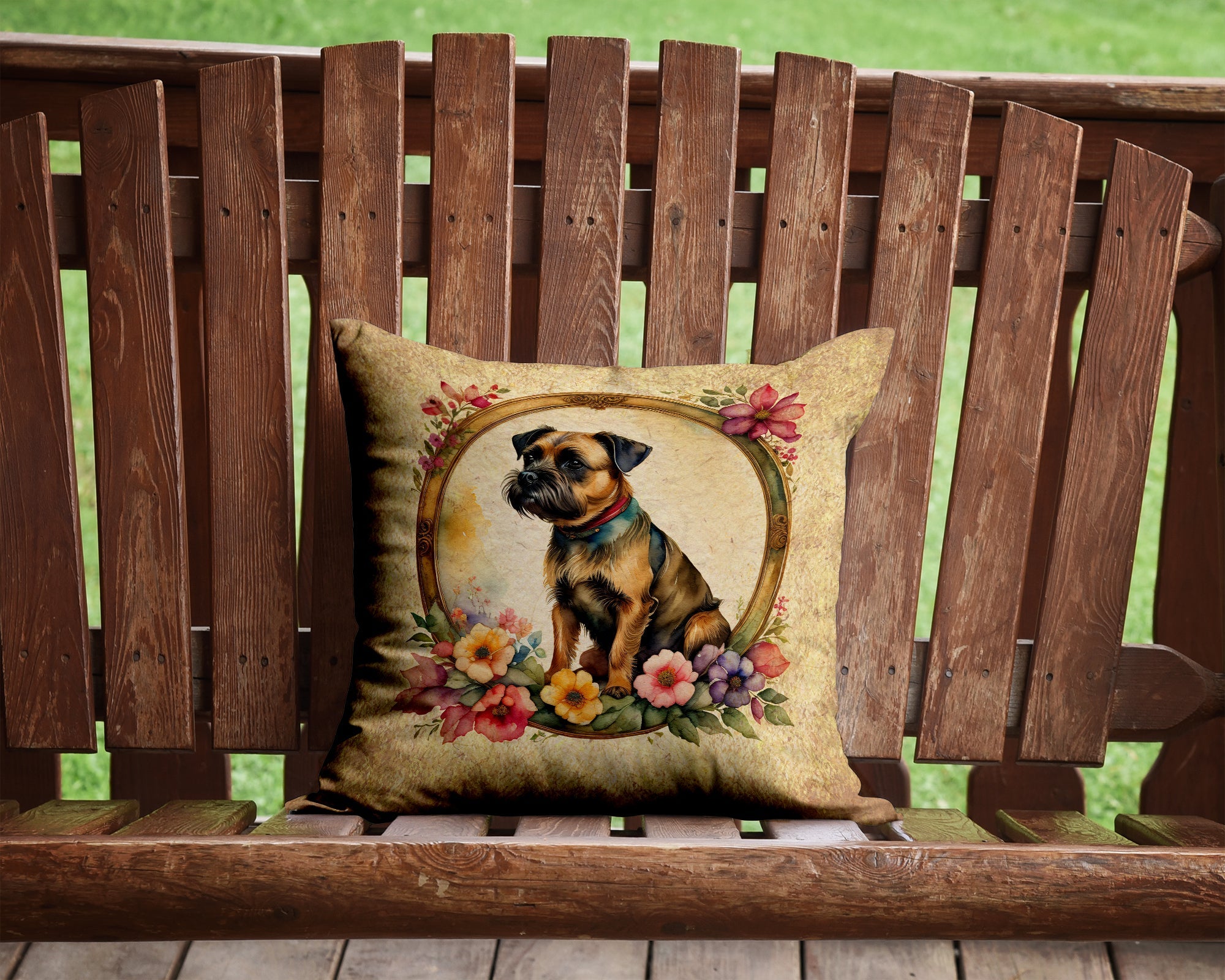 Border Terrier and Flowers Decorative Throw Pillow 14x14 Indoor Outdoor Accent Cushion, Fabric Cover with Insert for Sofa, Bed, Porch & Living Room