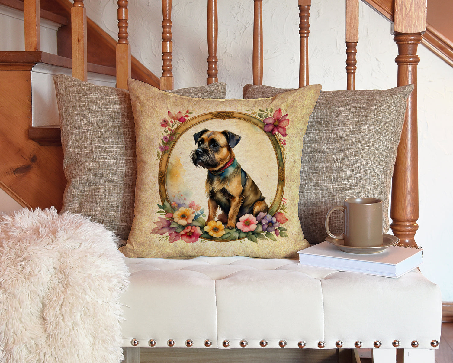 Border Terrier and Flowers Decorative Throw Pillow 14x14 Indoor Outdoor Accent Cushion, Fabric Cover with Insert for Sofa, Bed, Porch & Living Room