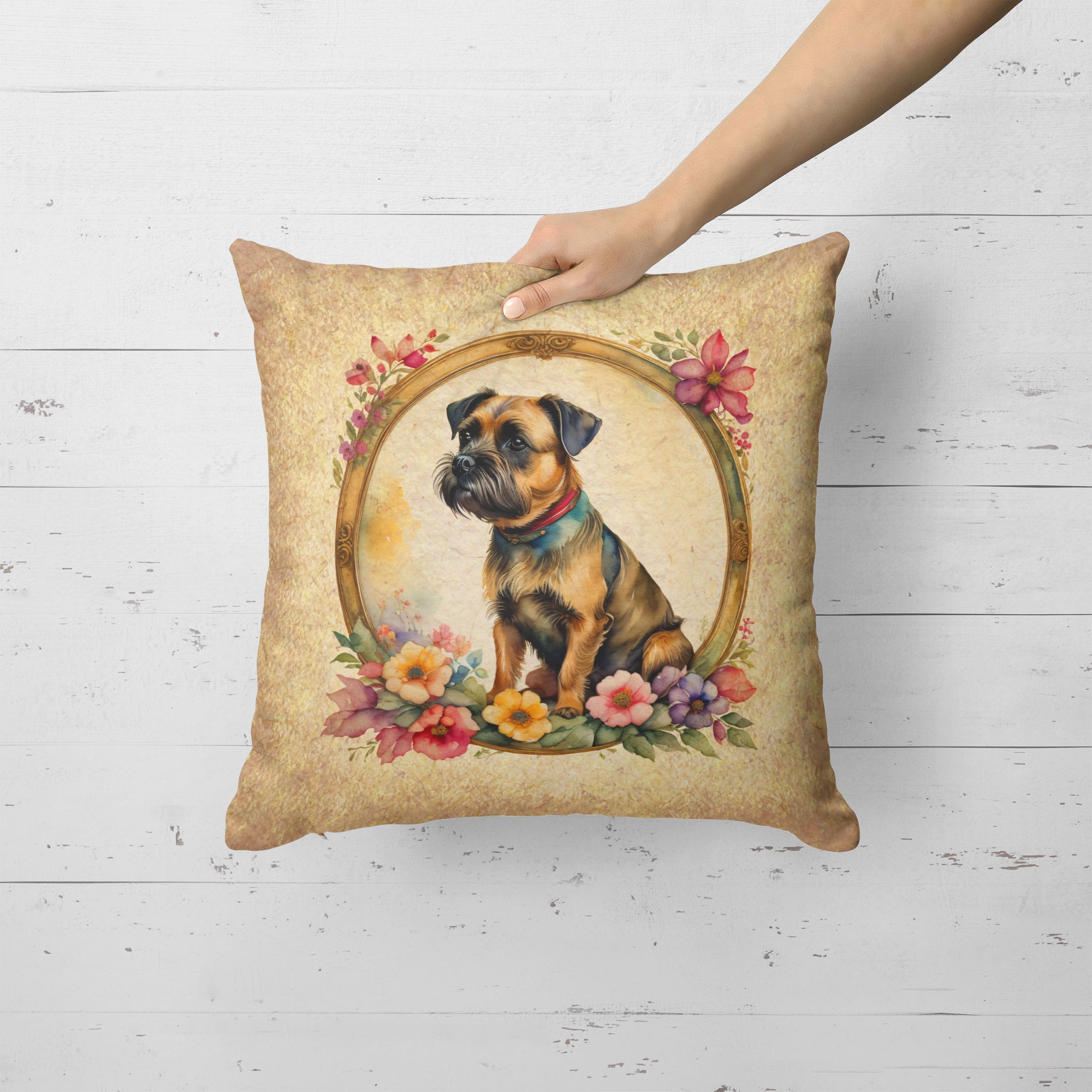 Border Terrier and Flowers Decorative Throw Pillow 18x18 Indoor Outdoor Accent Cushion, Fabric Cover with Insert for Sofa, Bed, Porch & Living Room