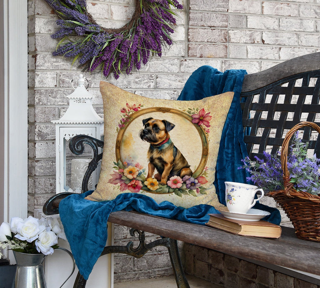 Border Terrier and Flowers Decorative Throw Pillow 18x18 Indoor Outdoor Accent Cushion, Fabric Cover with Insert for Sofa, Bed, Porch & Living Room