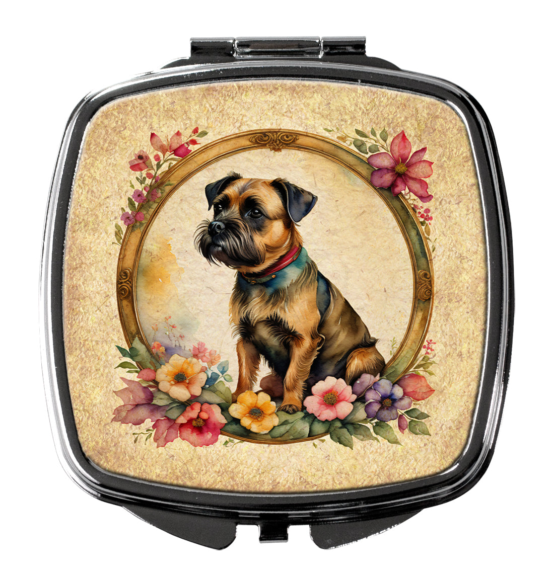 Border Terrier and Flowers Compact Mirror Decorative Travel Makeup Mirror for Women Girls Gifts Pocket Makeup Mirror Folding Handheld