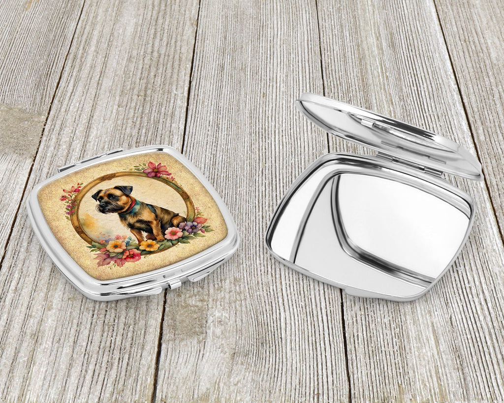 Border Terrier and Flowers Compact Mirror Decorative Travel Makeup Mirror for Women Girls Gifts Pocket Makeup Mirror Folding Handheld