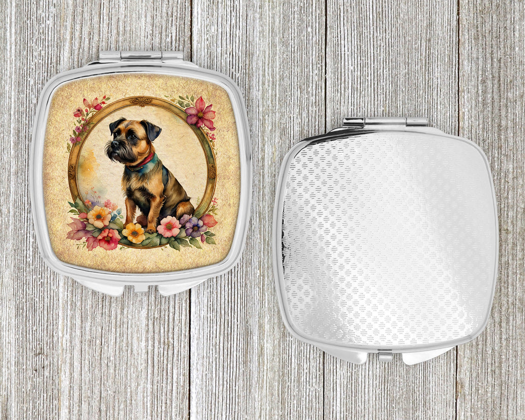 Border Terrier and Flowers Compact Mirror Decorative Travel Makeup Mirror for Women Girls Gifts Pocket Makeup Mirror Folding Handheld