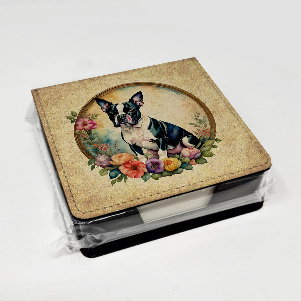 Boston Terrier and Flowers PU Leather Note Paper Holder with Artist-Designed Cover, Desk Accessory, Office Gift