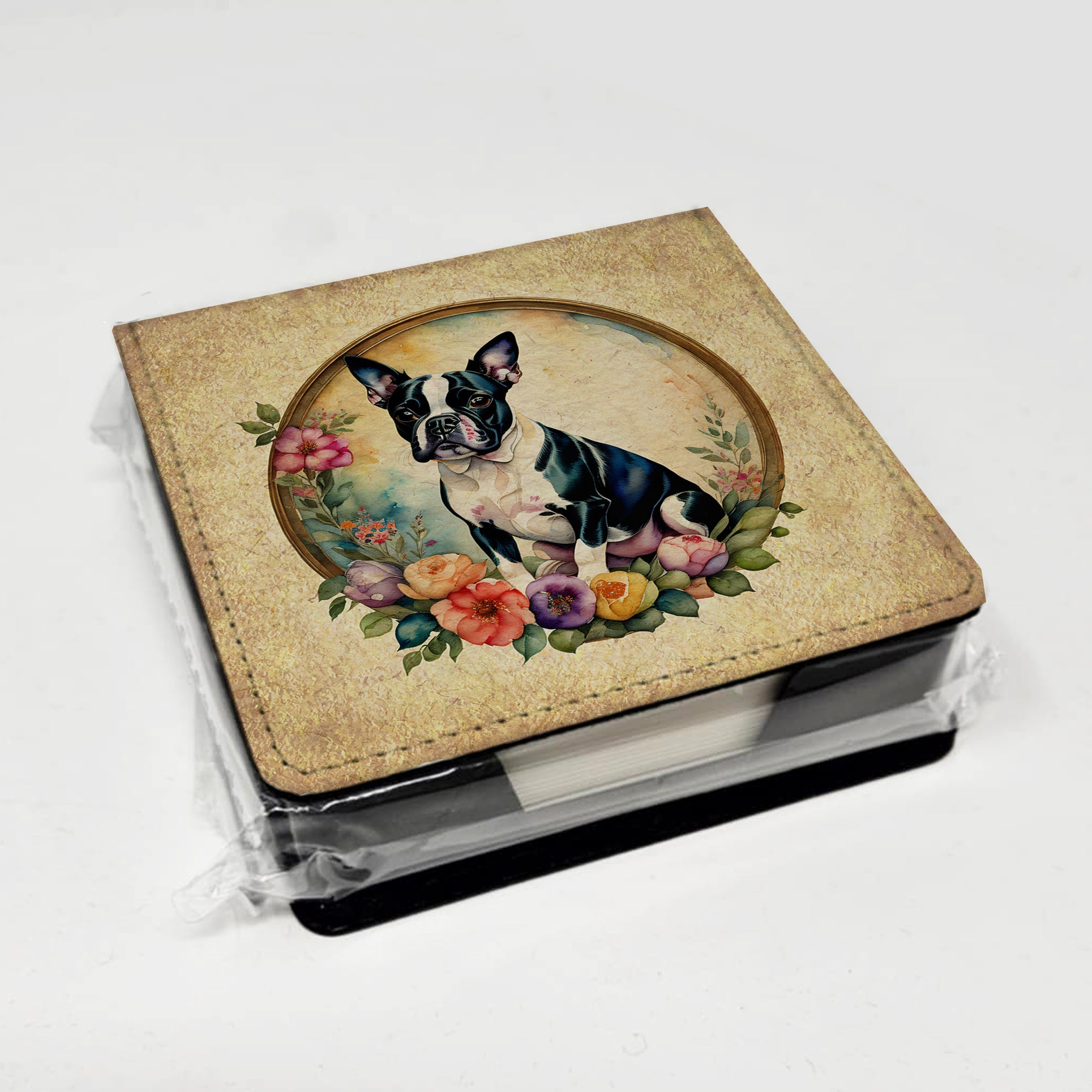 Boston Terrier and Flowers PU Leather Note Paper Holder with Artist-Designed Cover, Desk Accessory, Office Gift