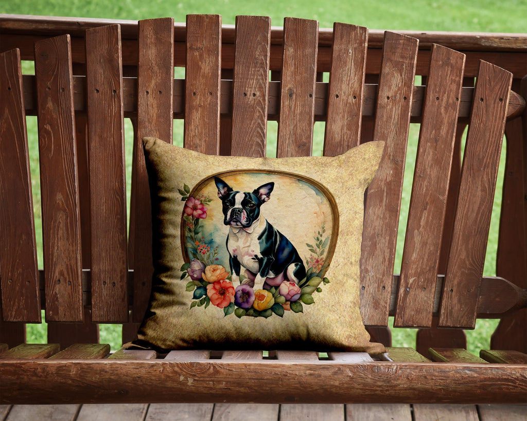 Boston Terrier and Flowers Decorative Throw Pillow 14x14 Indoor Outdoor Accent Cushion, Fabric Cover with Insert for Sofa, Bed, Porch & Living Room