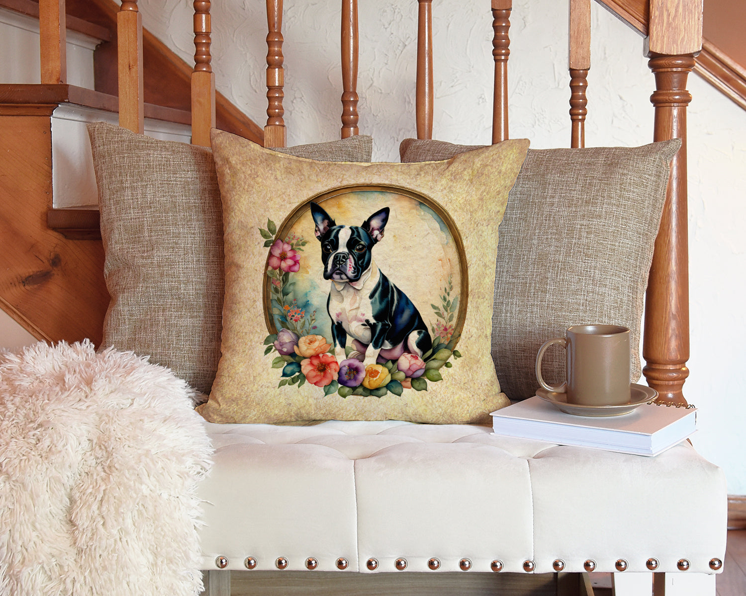 Boston Terrier and Flowers Decorative Throw Pillow 14x14 Indoor Outdoor Accent Cushion, Fabric Cover with Insert for Sofa, Bed, Porch & Living Room