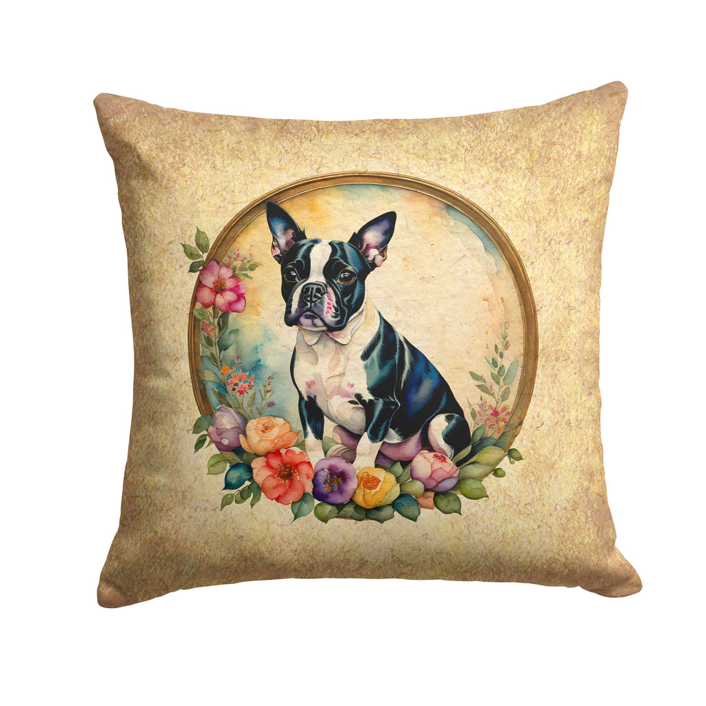 Boston Terrier and Flowers Decorative Throw Pillow 18x18 Indoor Outdoor Accent Cushion, Fabric Cover with Insert for Sofa, Bed, Porch & Living Room