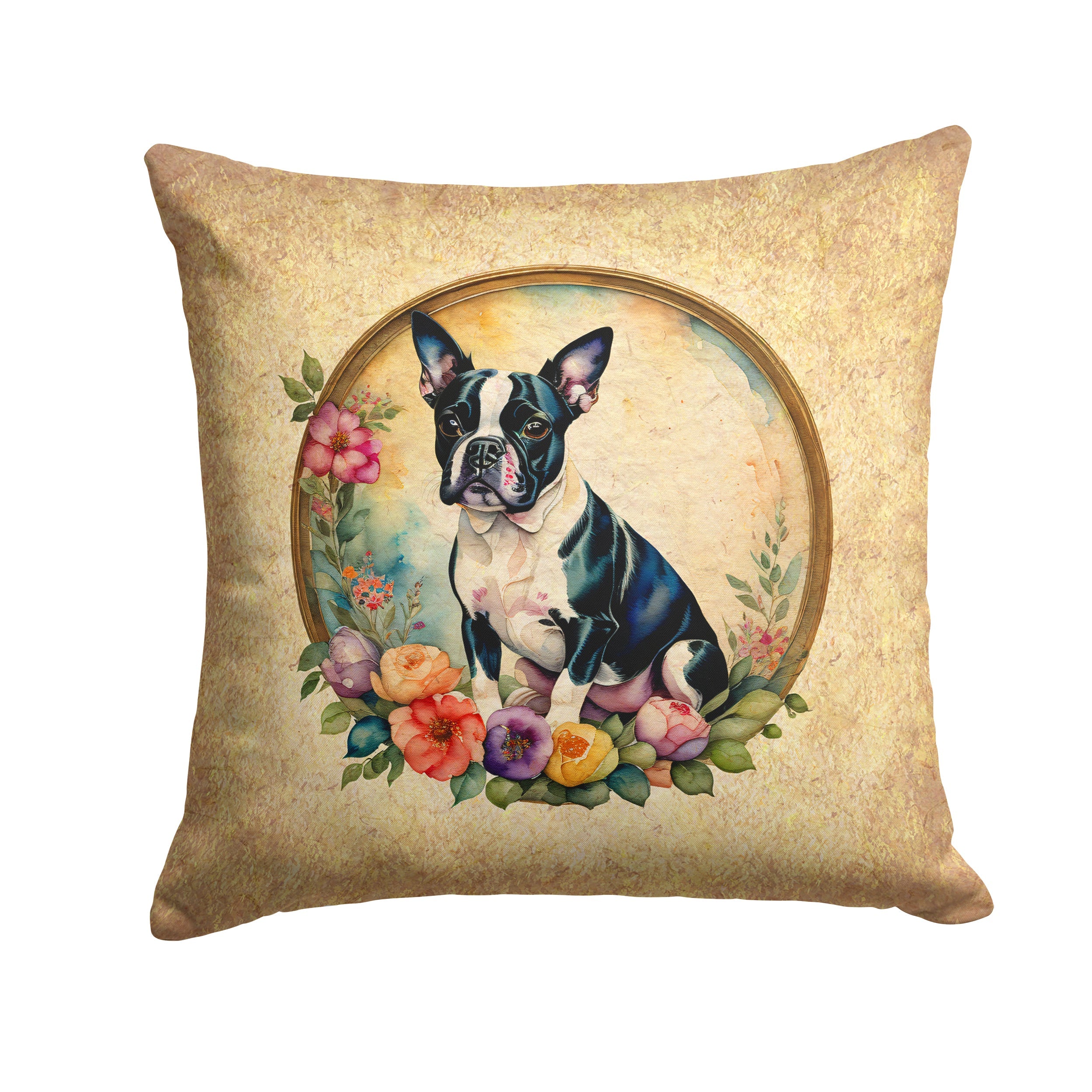Boston Terrier and Flowers Decorative Throw Pillow 18x18 Indoor Outdoor Accent Cushion, Fabric Cover with Insert for Sofa, Bed, Porch & Living Room