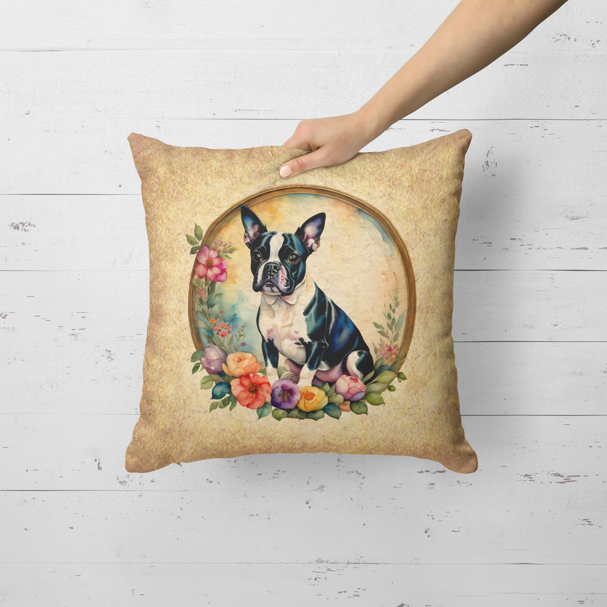 Boston Terrier and Flowers Decorative Throw Pillow 18x18 Indoor Outdoor Accent Cushion, Fabric Cover with Insert for Sofa, Bed, Porch & Living Room