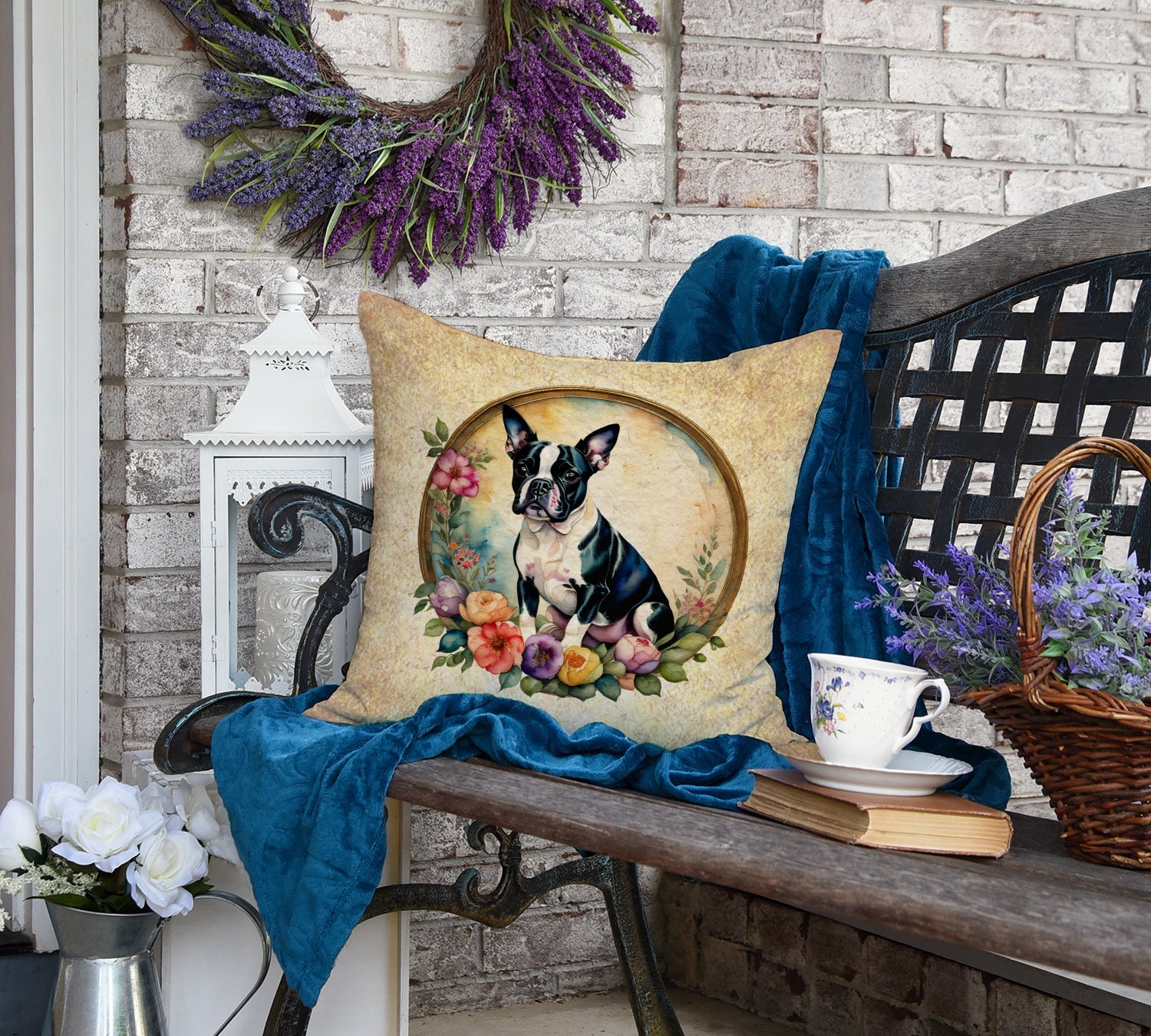 Boston Terrier and Flowers Decorative Throw Pillow 18x18 Indoor Outdoor Accent Cushion, Fabric Cover with Insert for Sofa, Bed, Porch & Living Room