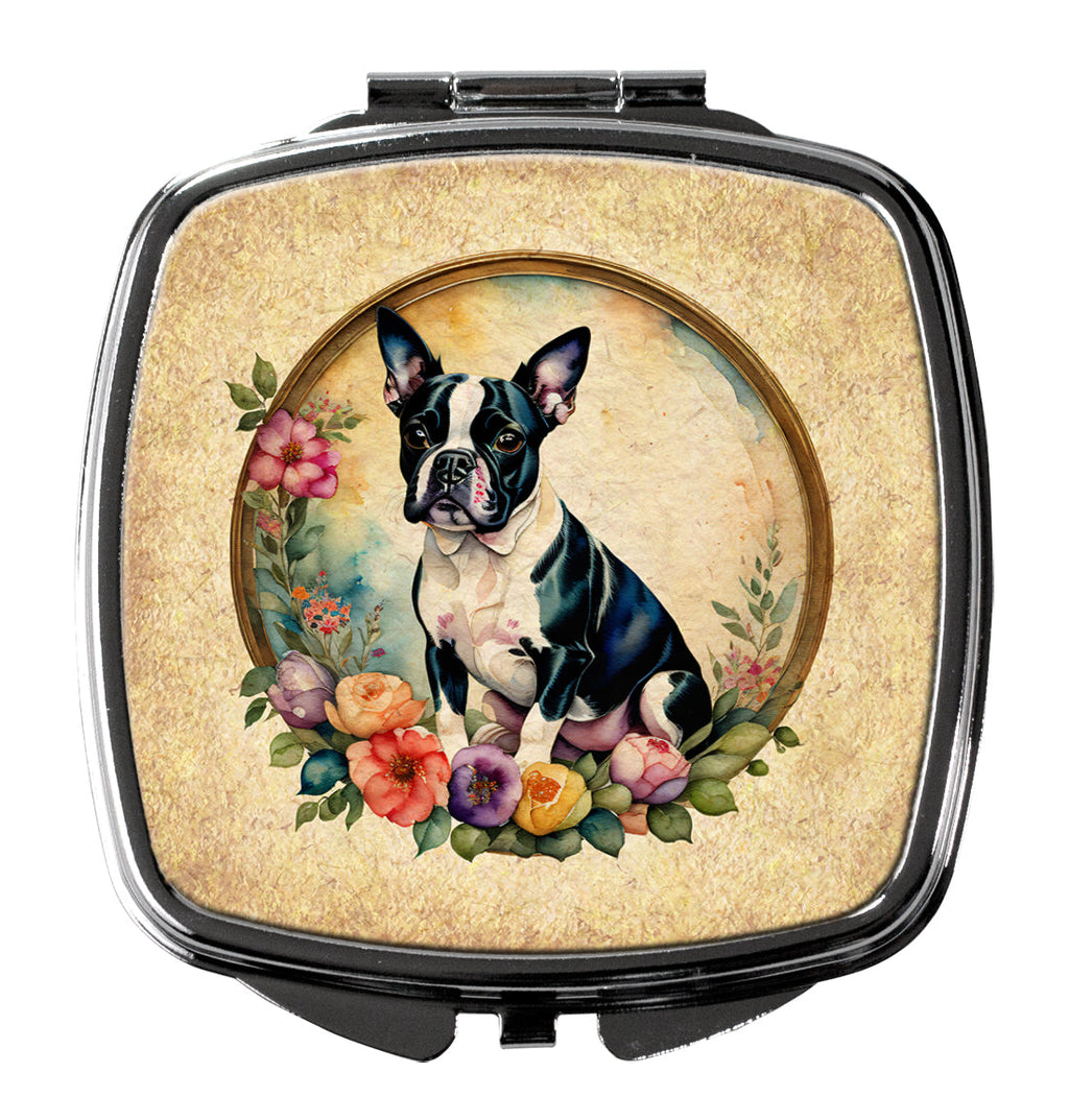 Boston Terrier and Flowers Compact Mirror Decorative Travel Makeup Mirror for Women Girls Gifts Pocket Makeup Mirror Folding Handheld