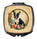 Boston Terrier and Flowers Compact Mirror Decorative Travel Makeup Mirror for Women Girls Gifts Pocket Makeup Mirror Folding Handheld