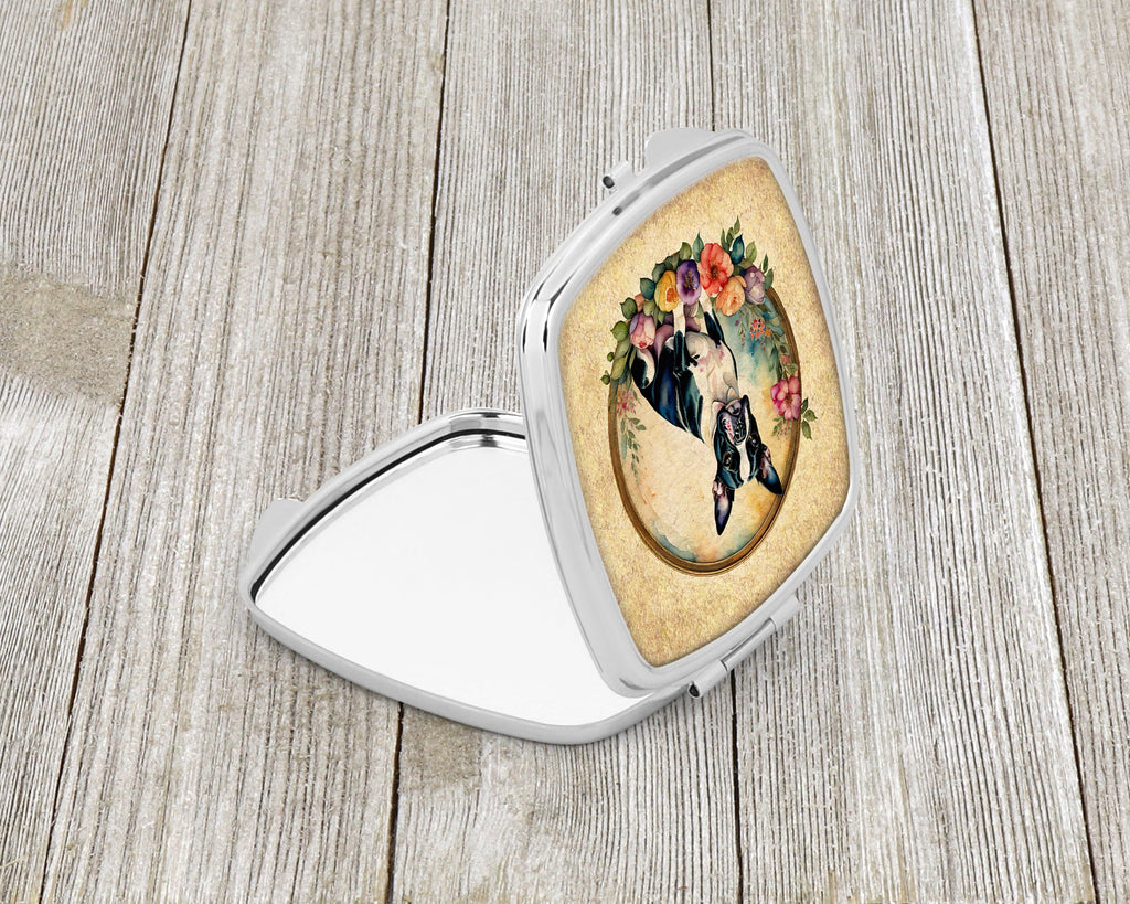 Boston Terrier and Flowers Compact Mirror Decorative Travel Makeup Mirror for Women Girls Gifts Pocket Makeup Mirror Folding Handheld