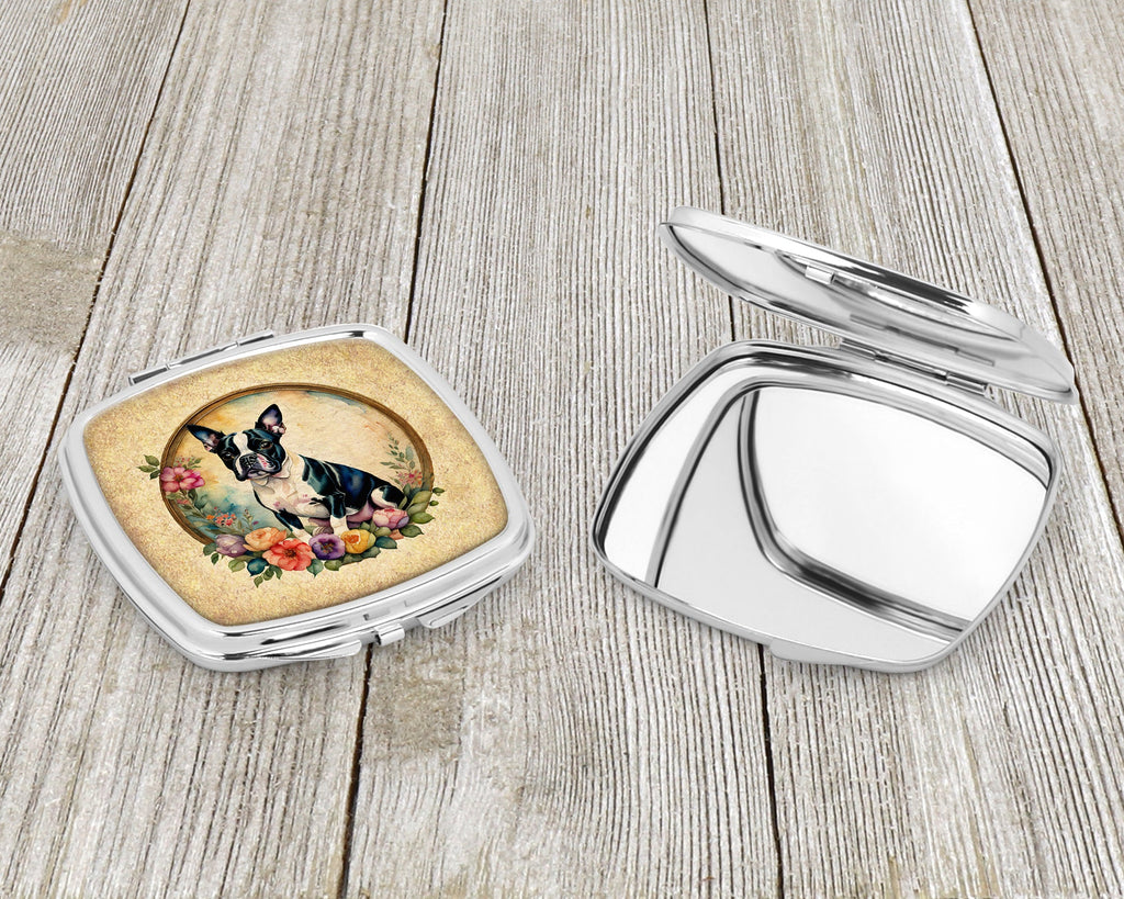 Boston Terrier and Flowers Compact Mirror Decorative Travel Makeup Mirror for Women Girls Gifts Pocket Makeup Mirror Folding Handheld