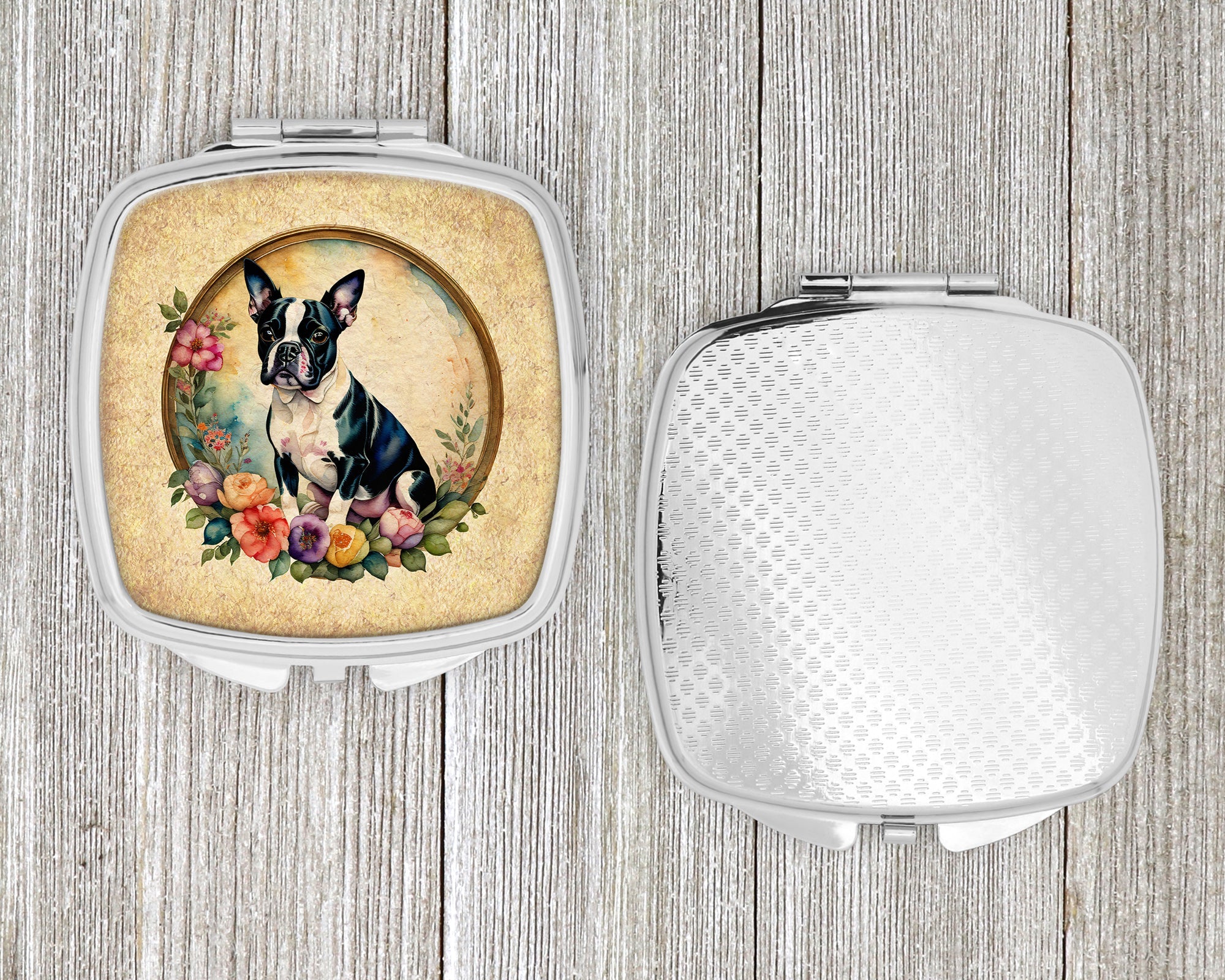 Boston Terrier and Flowers Compact Mirror Decorative Travel Makeup Mirror for Women Girls Gifts Pocket Makeup Mirror Folding Handheld