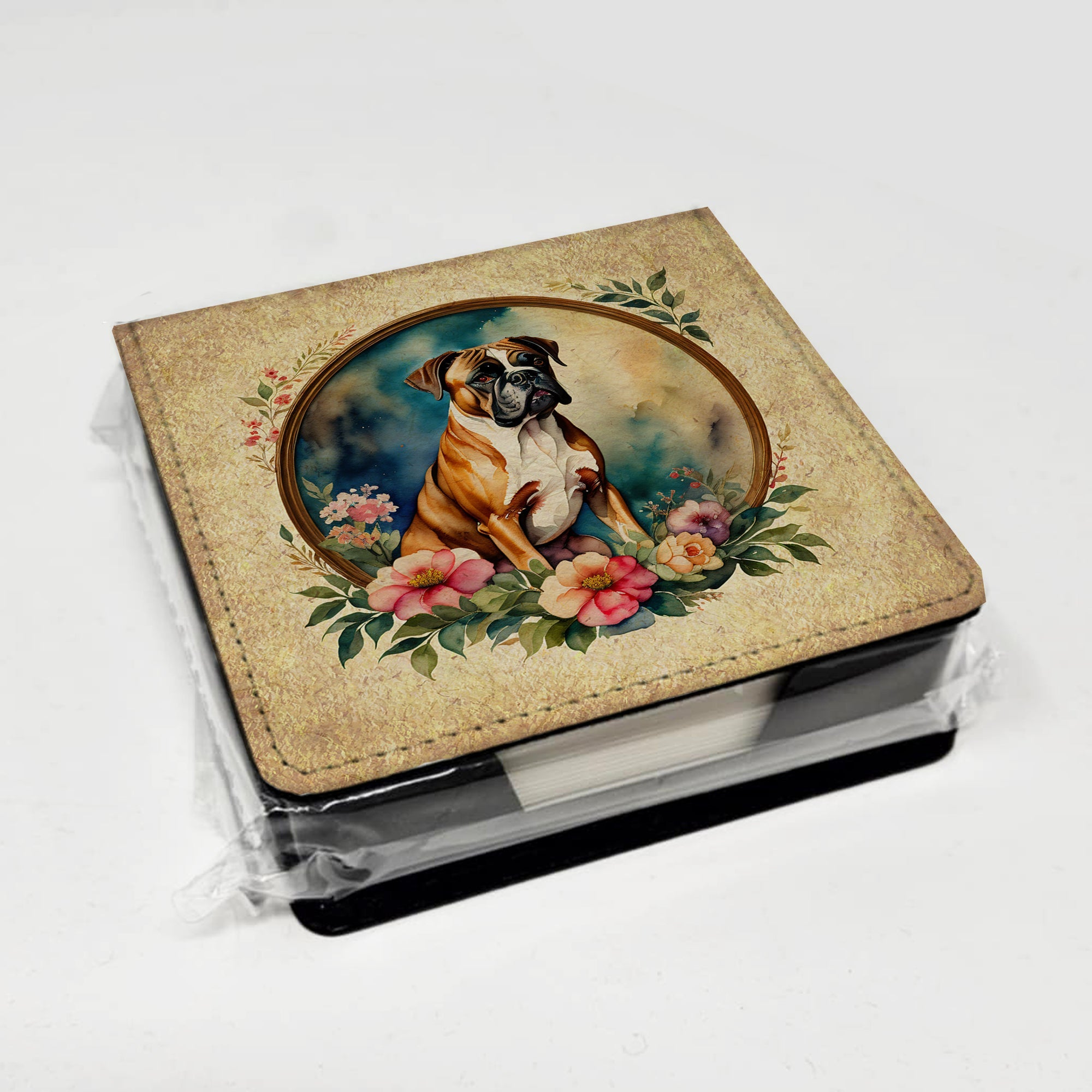 Boxer and Flowers PU Leather Note Paper Holder with Artist-Designed Cover, Desk Accessory, Office Gift