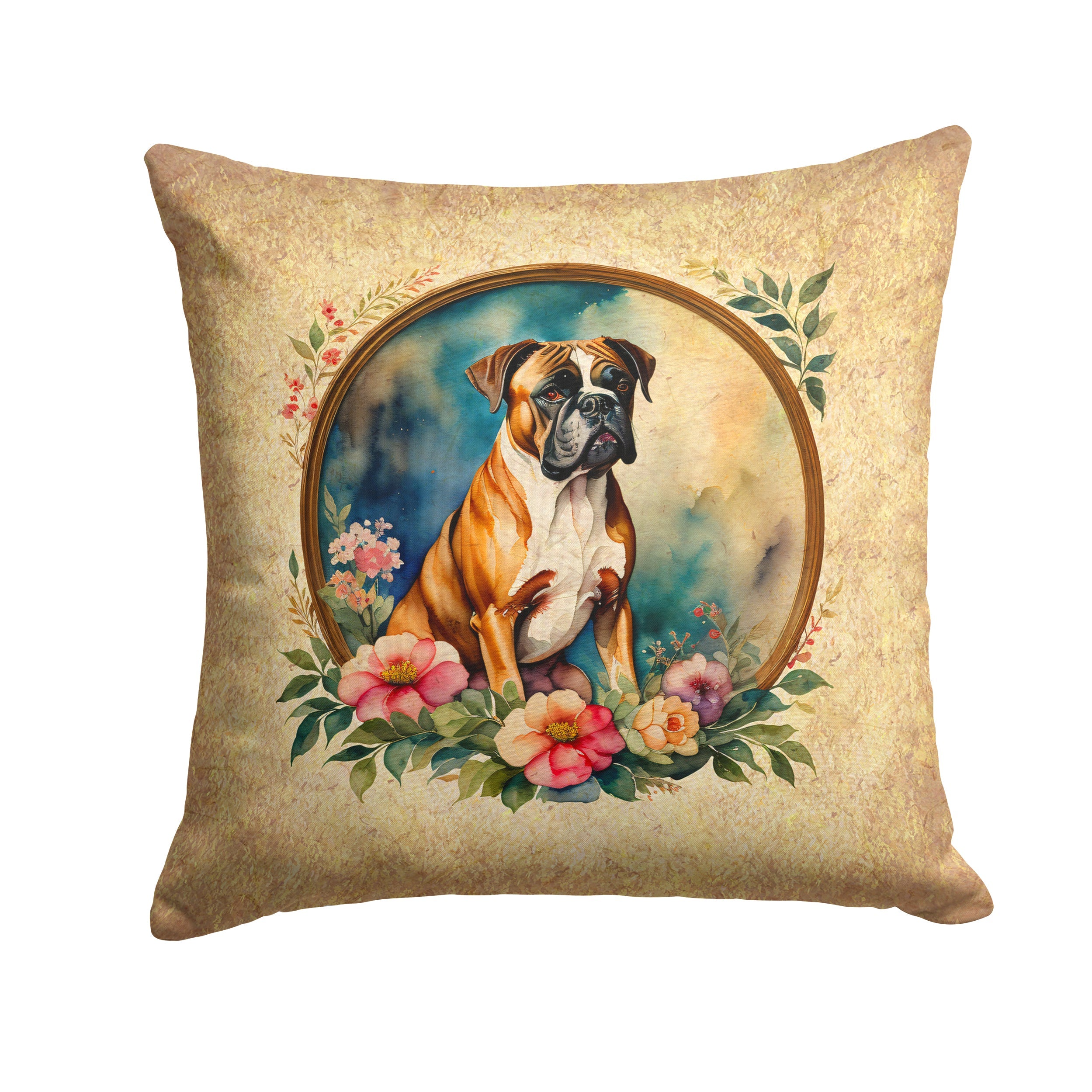 Boxer and Flowers Decorative Throw Pillow 14x14 Indoor Outdoor Accent Cushion, Fabric Cover with Insert for Sofa, Bed, Porch & Living Room