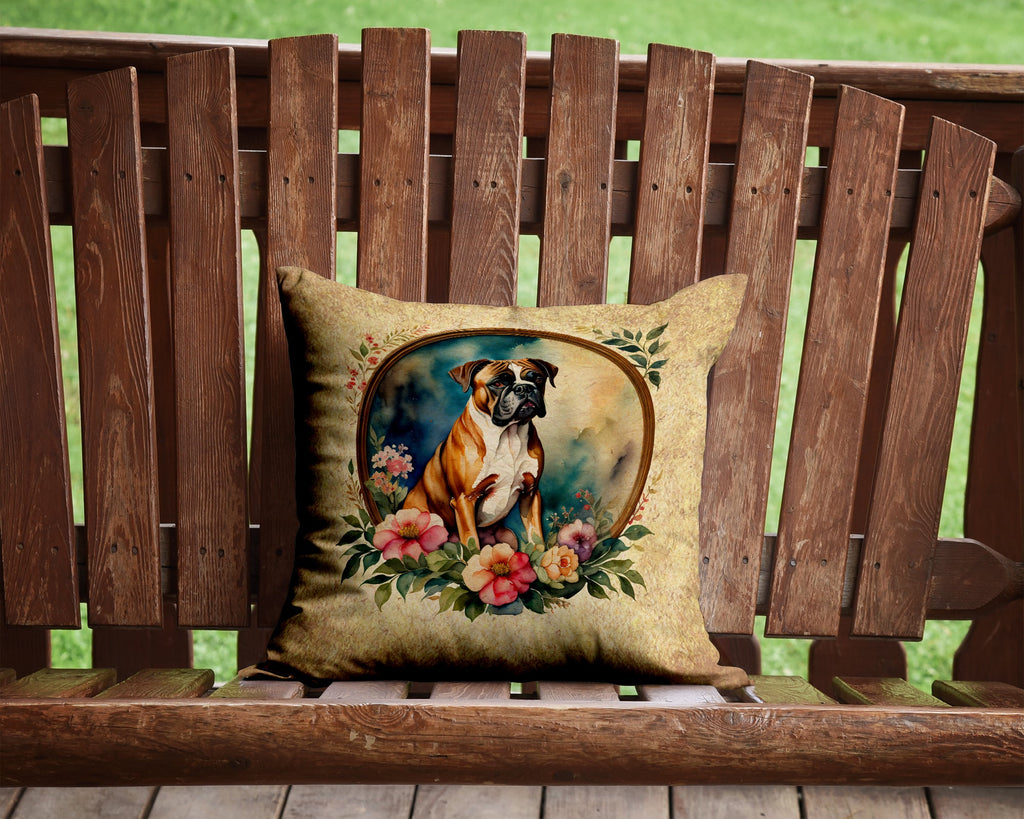Boxer and Flowers Decorative Throw Pillow 14x14 Indoor Outdoor Accent Cushion, Fabric Cover with Insert for Sofa, Bed, Porch & Living Room