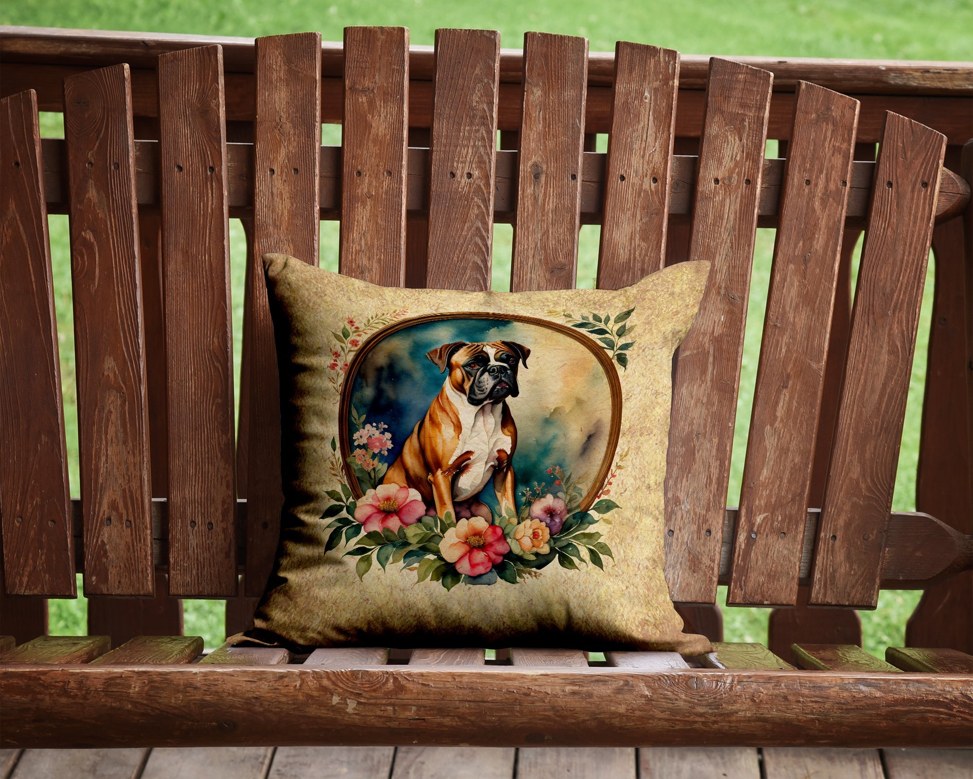 Boxer and Flowers Decorative Throw Pillow 14x14 Indoor Outdoor Accent Cushion, Fabric Cover with Insert for Sofa, Bed, Porch & Living Room