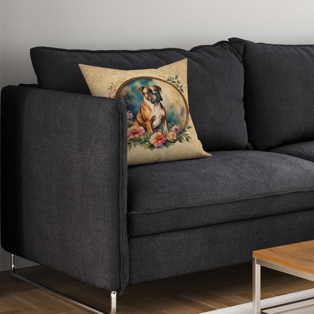 Boxer and Flowers Decorative Throw Pillow 14x14 Indoor Outdoor Accent Cushion, Fabric Cover with Insert for Sofa, Bed, Porch & Living Room