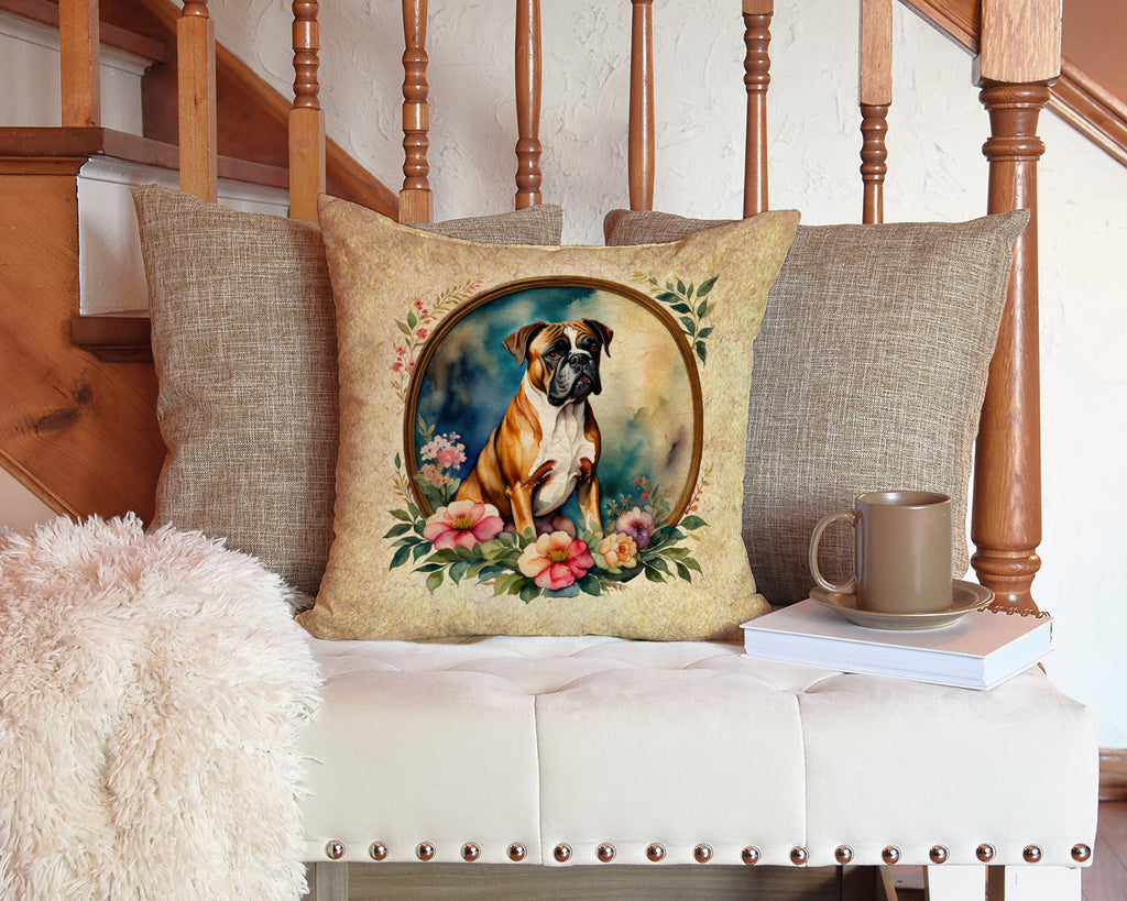 Boxer and Flowers Decorative Throw Pillow 14x14 Indoor Outdoor Accent Cushion, Fabric Cover with Insert for Sofa, Bed, Porch & Living Room