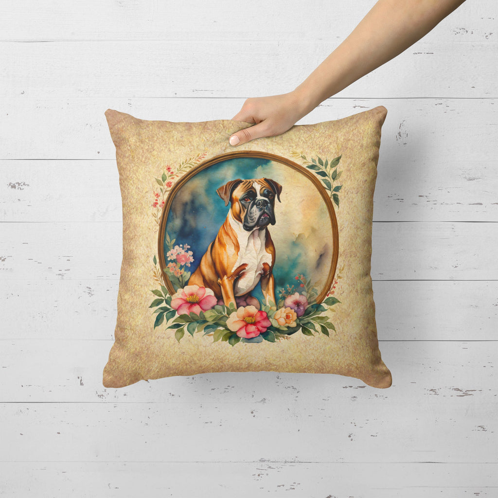 Boxer and Flowers Decorative Throw Pillow 18x18 Indoor Outdoor Accent Cushion, Fabric Cover with Insert for Sofa, Bed, Porch & Living Room
