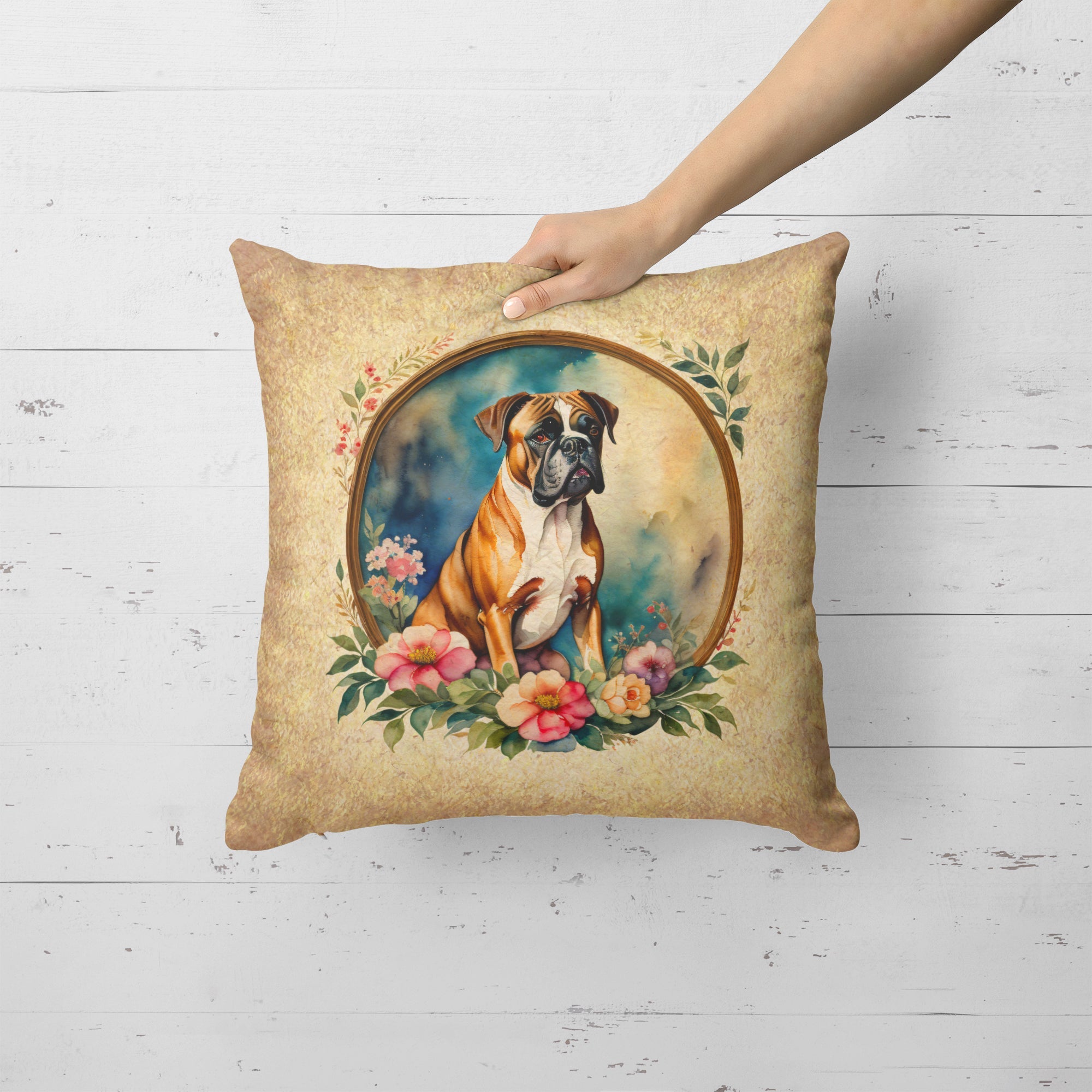 Boxer and Flowers Decorative Throw Pillow 18x18 Indoor Outdoor Accent Cushion, Fabric Cover with Insert for Sofa, Bed, Porch & Living Room
