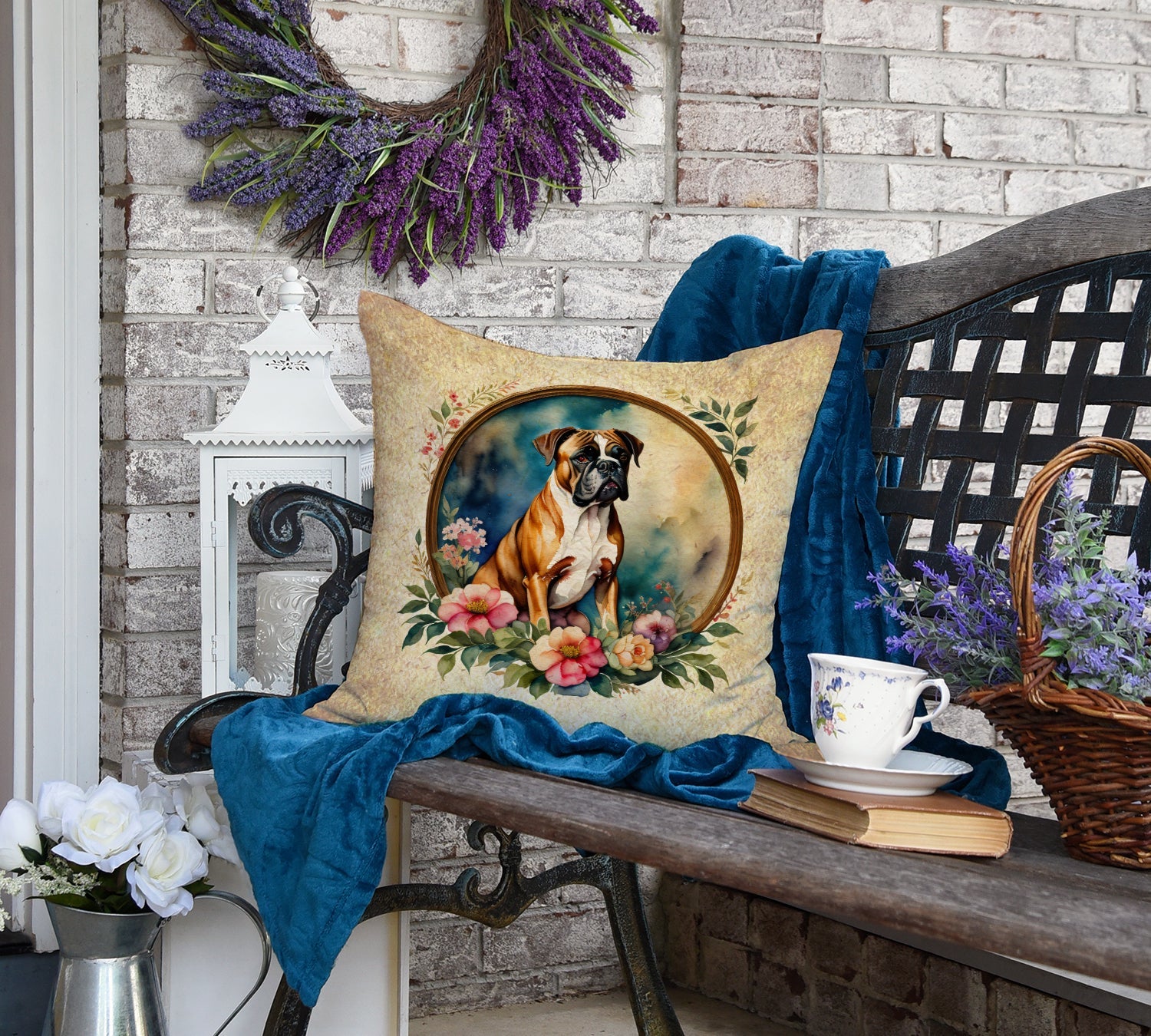 Boxer and Flowers Decorative Throw Pillow 18x18 Indoor Outdoor Accent Cushion, Fabric Cover with Insert for Sofa, Bed, Porch & Living Room