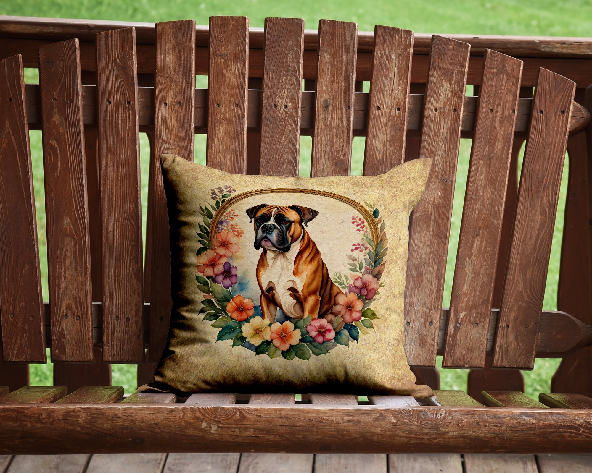Boxer and Flowers Decorative Throw Pillow 14x14 Indoor Outdoor Accent Cushion, Fabric Cover with Insert for Sofa, Bed, Porch & Living Room