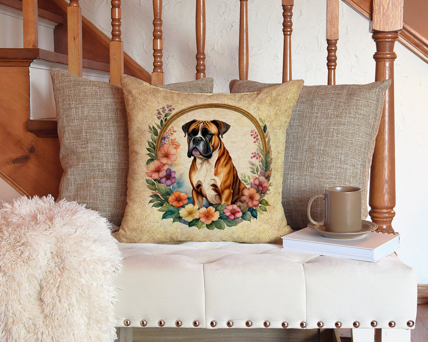 Boxer and Flowers Decorative Throw Pillow 14x14 Indoor Outdoor Accent Cushion, Fabric Cover with Insert for Sofa, Bed, Porch & Living Room