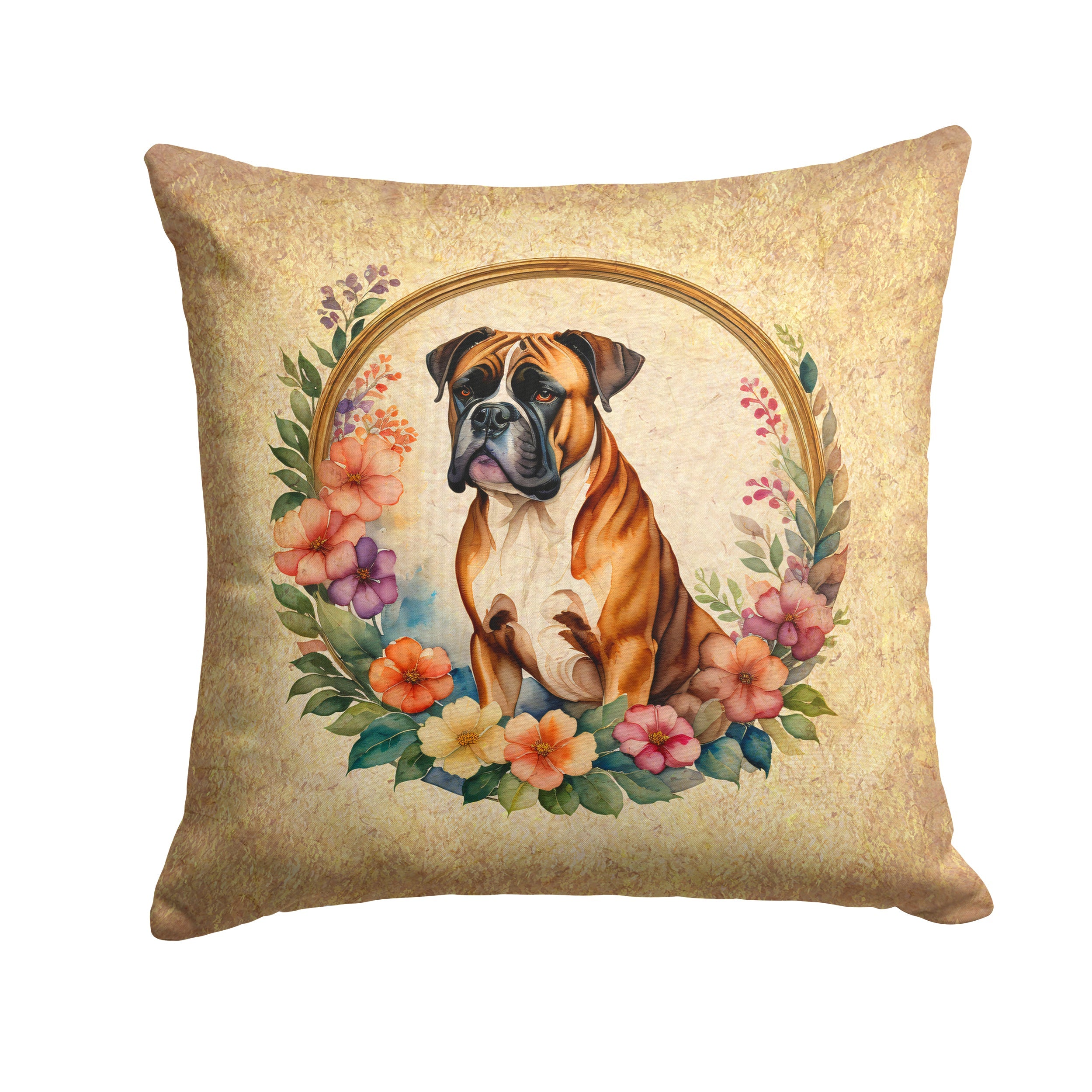 Boxer and Flowers Decorative Throw Pillow 18x18 Indoor Outdoor Accent Cushion, Fabric Cover with Insert for Sofa, Bed, Porch & Living Room