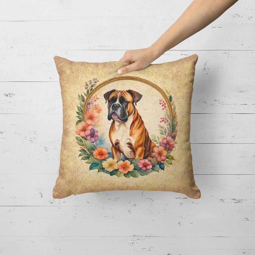 Boxer and Flowers Decorative Throw Pillow 18x18 Indoor Outdoor Accent Cushion, Fabric Cover with Insert for Sofa, Bed, Porch & Living Room