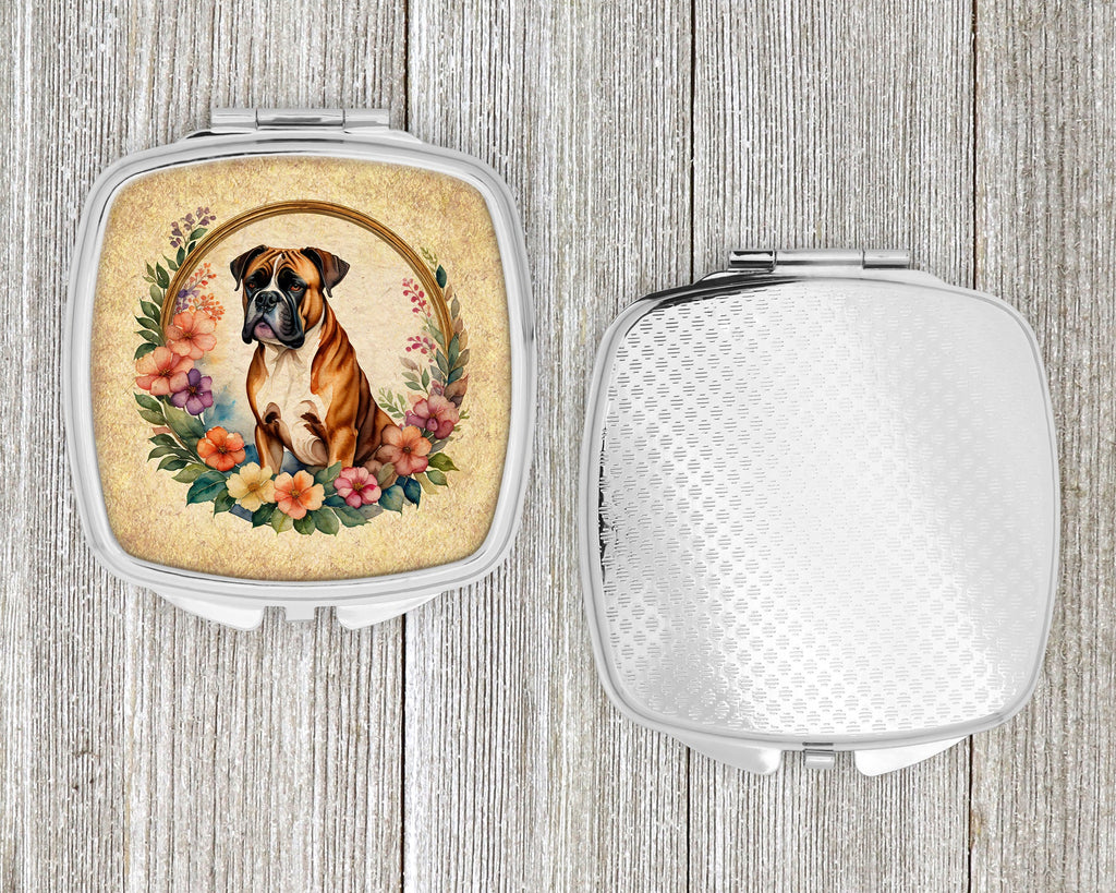 Boxer and Flowers Compact Mirror Decorative Travel Makeup Mirror for Women Girls Gifts Pocket Makeup Mirror Folding Handheld