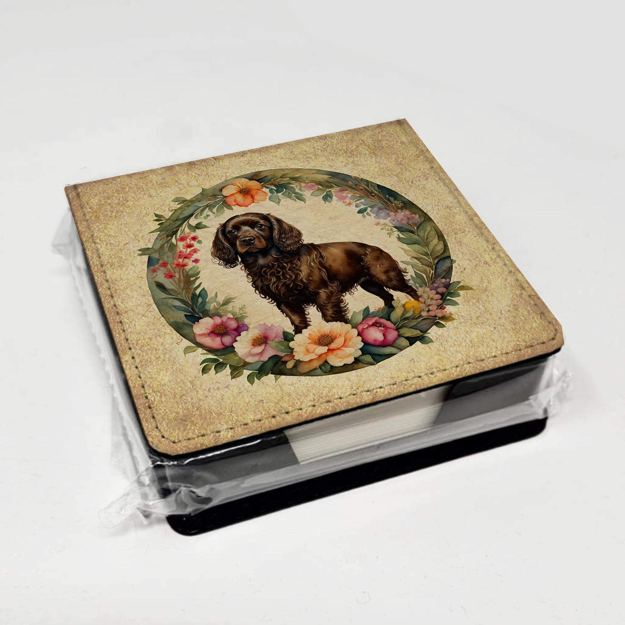 Boykin Spaniel and Flowers PU Leather Note Paper Holder with Artist-Designed Cover, Desk Accessory, Office Gift