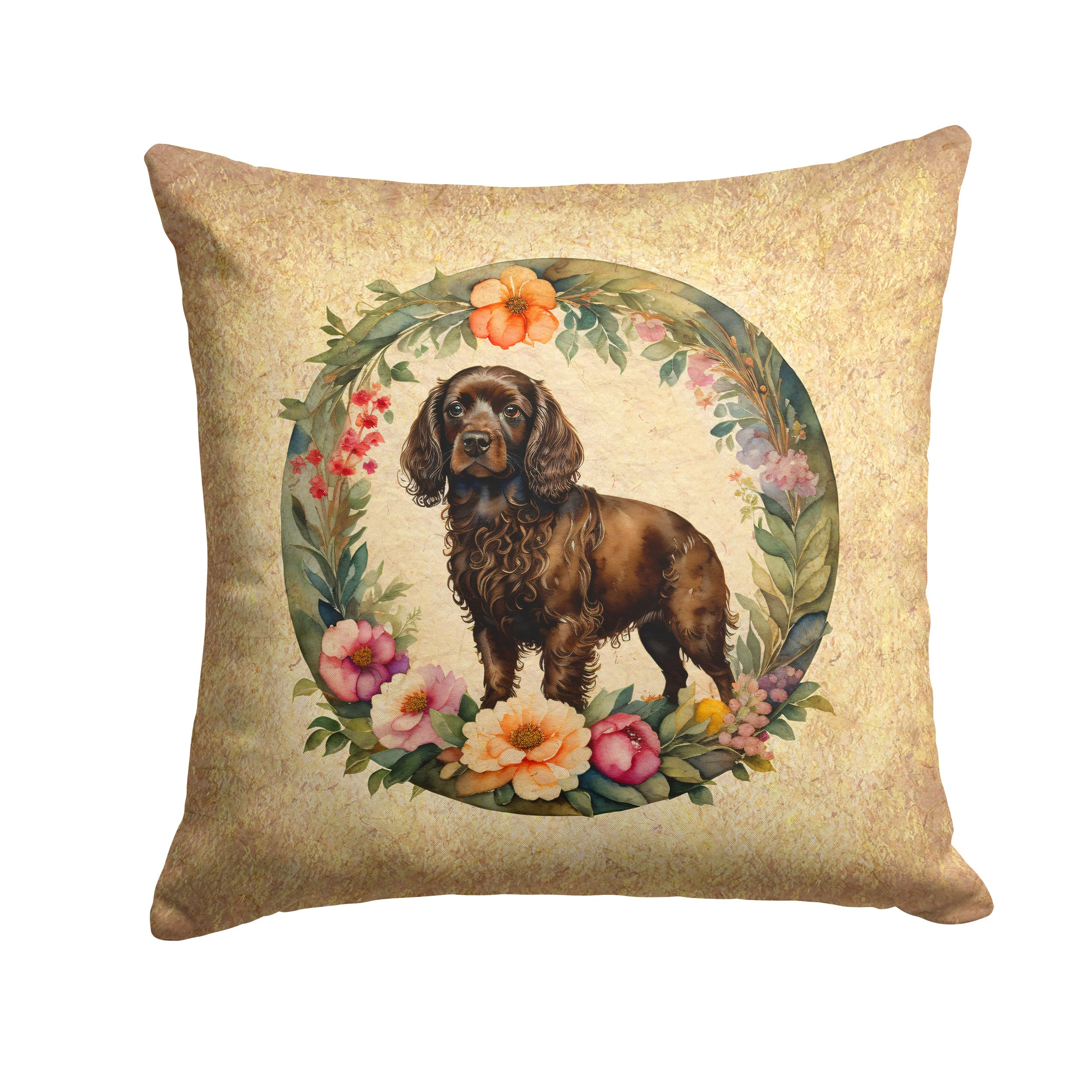 Boykin Spaniel and Flowers Decorative Throw Pillow 18x18 Indoor Outdoor Accent Cushion, Fabric Cover with Insert for Sofa, Bed, Porch & Living Room