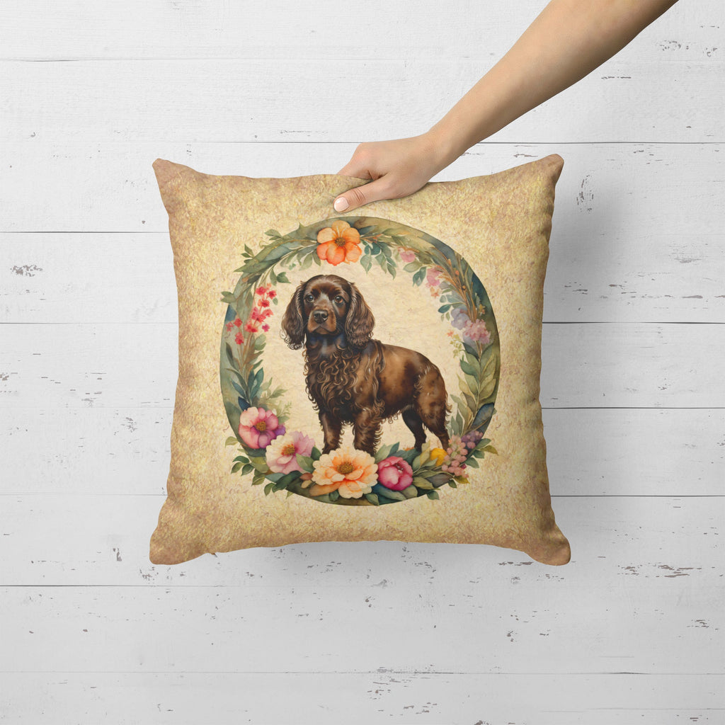 Boykin Spaniel and Flowers Decorative Throw Pillow 18x18 Indoor Outdoor Accent Cushion, Fabric Cover with Insert for Sofa, Bed, Porch & Living Room