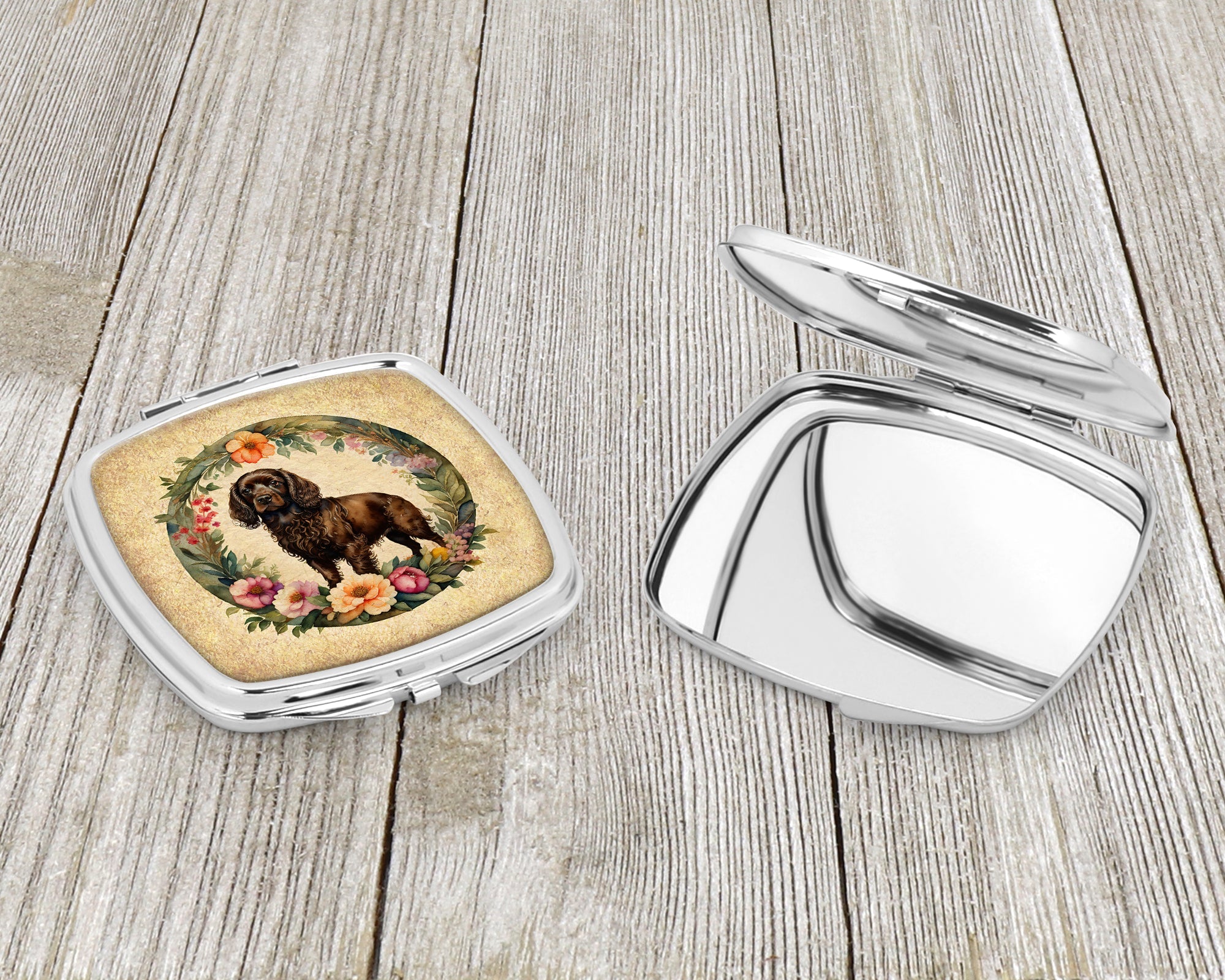 Boykin Spaniel and Flowers Compact Mirror Decorative Travel Makeup Mirror for Women Girls Gifts Pocket Makeup Mirror Folding Handheld