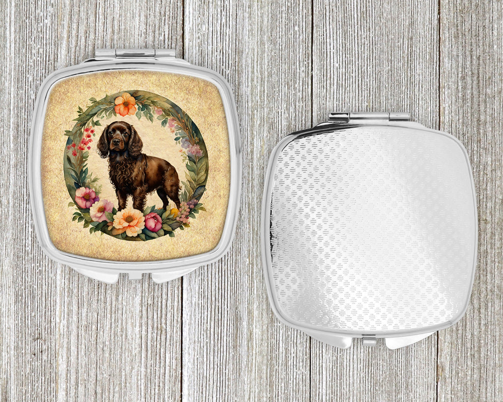 Boykin Spaniel and Flowers Compact Mirror Decorative Travel Makeup Mirror for Women Girls Gifts Pocket Makeup Mirror Folding Handheld