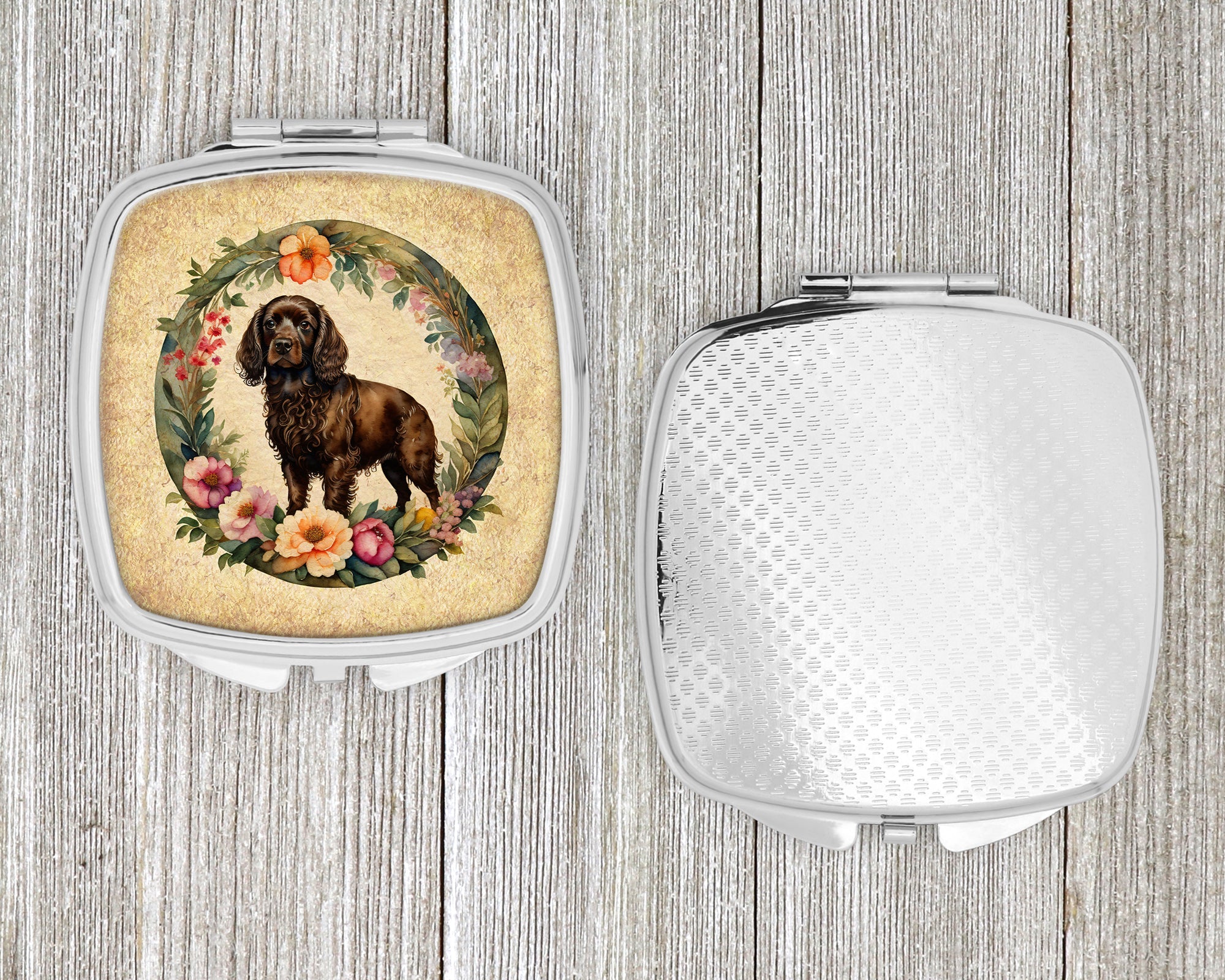 Boykin Spaniel and Flowers Compact Mirror Decorative Travel Makeup Mirror for Women Girls Gifts Pocket Makeup Mirror Folding Handheld