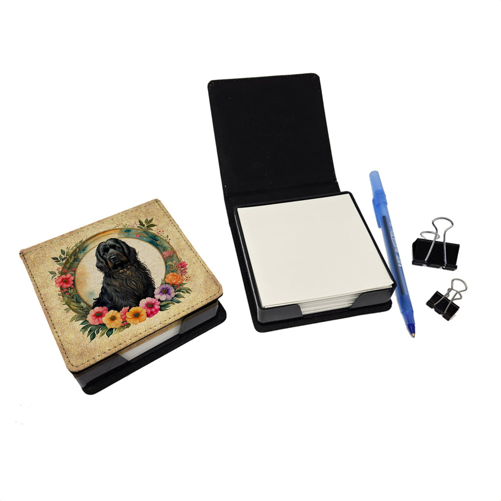Briard and Flowers PU Leather Note Paper Holder with Artist-Designed Cover, Desk Accessory, Office Gift