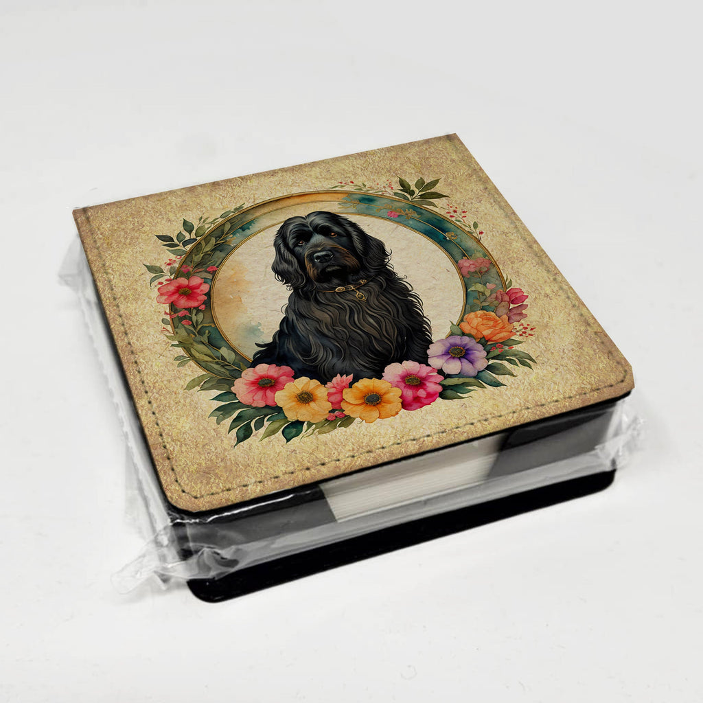 Briard and Flowers PU Leather Note Paper Holder with Artist-Designed Cover, Desk Accessory, Office Gift