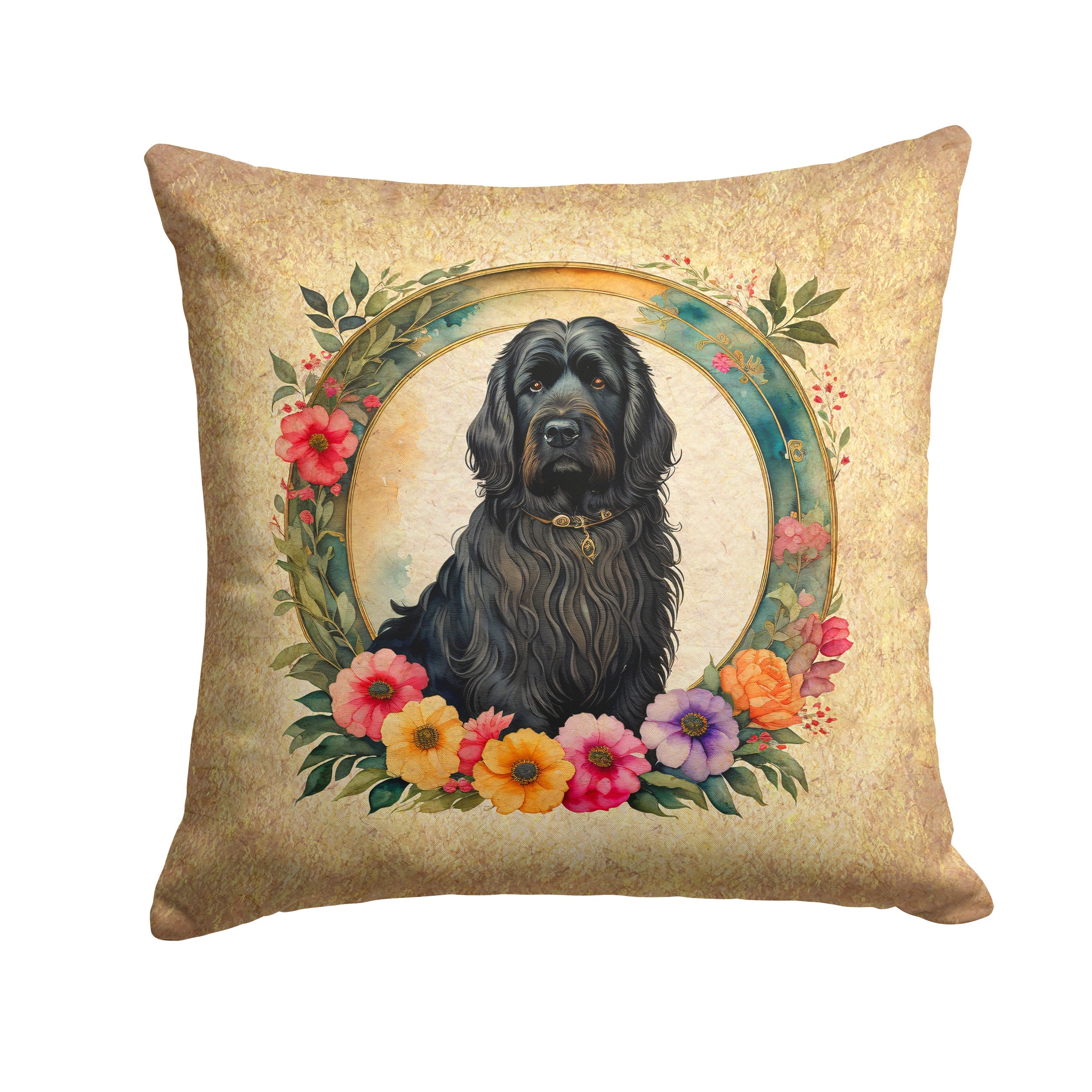 Briard and Flowers Decorative Throw Pillow 14x14 Indoor Outdoor Accent Cushion, Fabric Cover with Insert for Sofa, Bed, Porch & Living Room