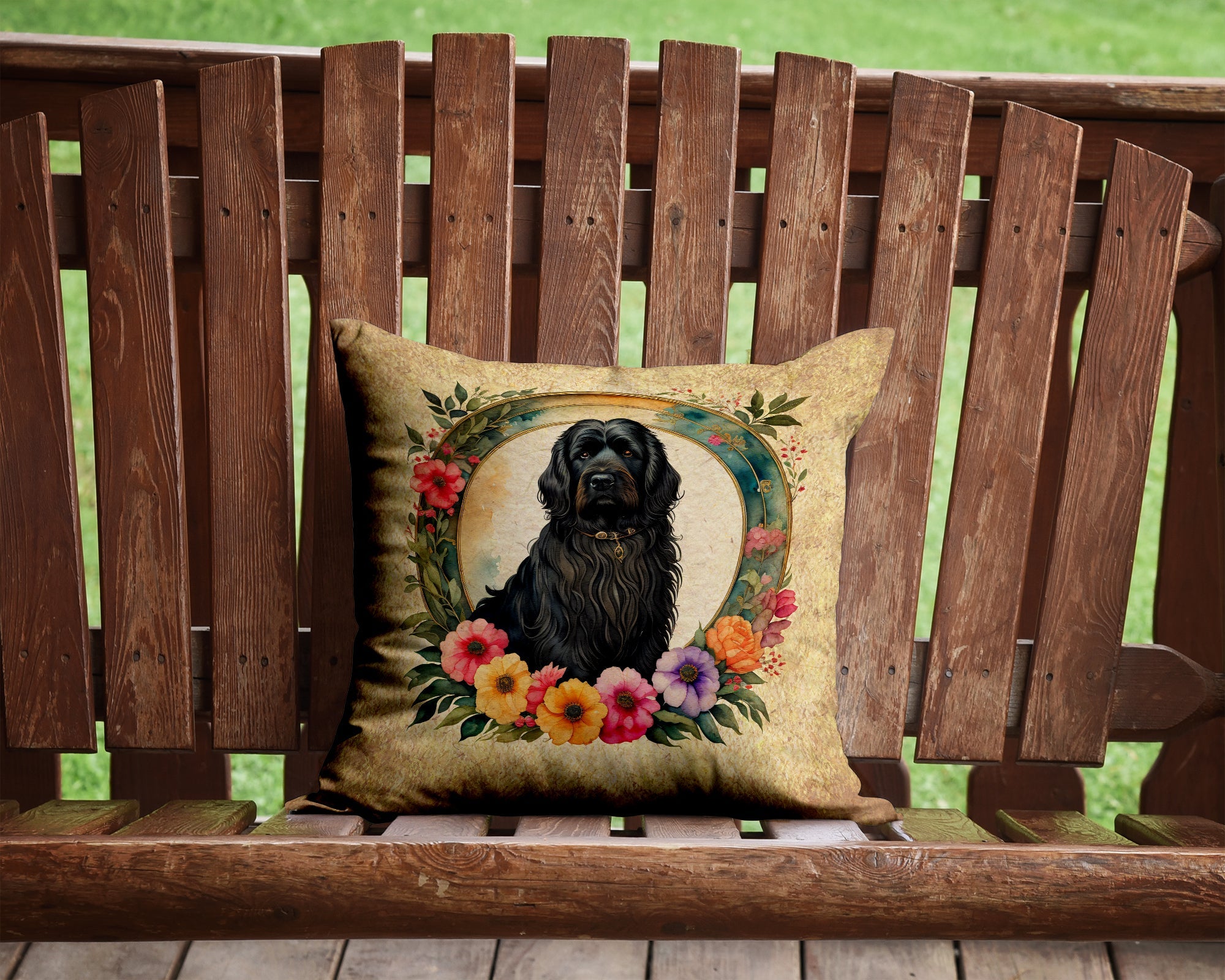 Briard and Flowers Decorative Throw Pillow 14x14 Indoor Outdoor Accent Cushion, Fabric Cover with Insert for Sofa, Bed, Porch & Living Room
