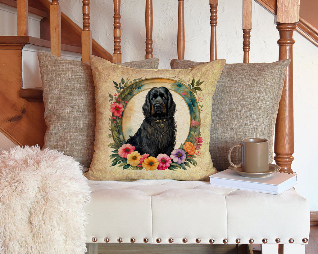 Briard and Flowers Decorative Throw Pillow 14x14 Indoor Outdoor Accent Cushion, Fabric Cover with Insert for Sofa, Bed, Porch & Living Room