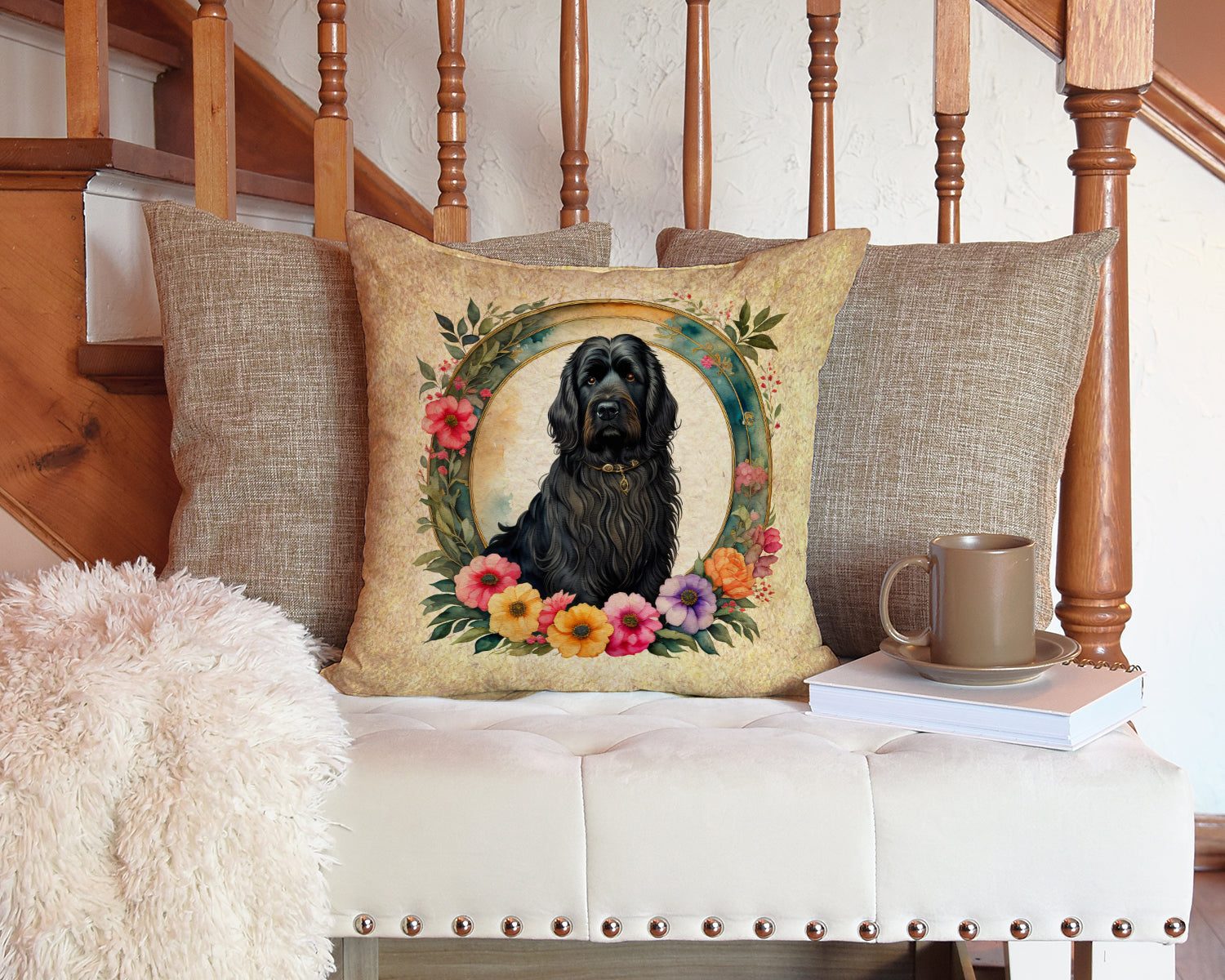 Briard and Flowers Decorative Throw Pillow 14x14 Indoor Outdoor Accent Cushion, Fabric Cover with Insert for Sofa, Bed, Porch & Living Room