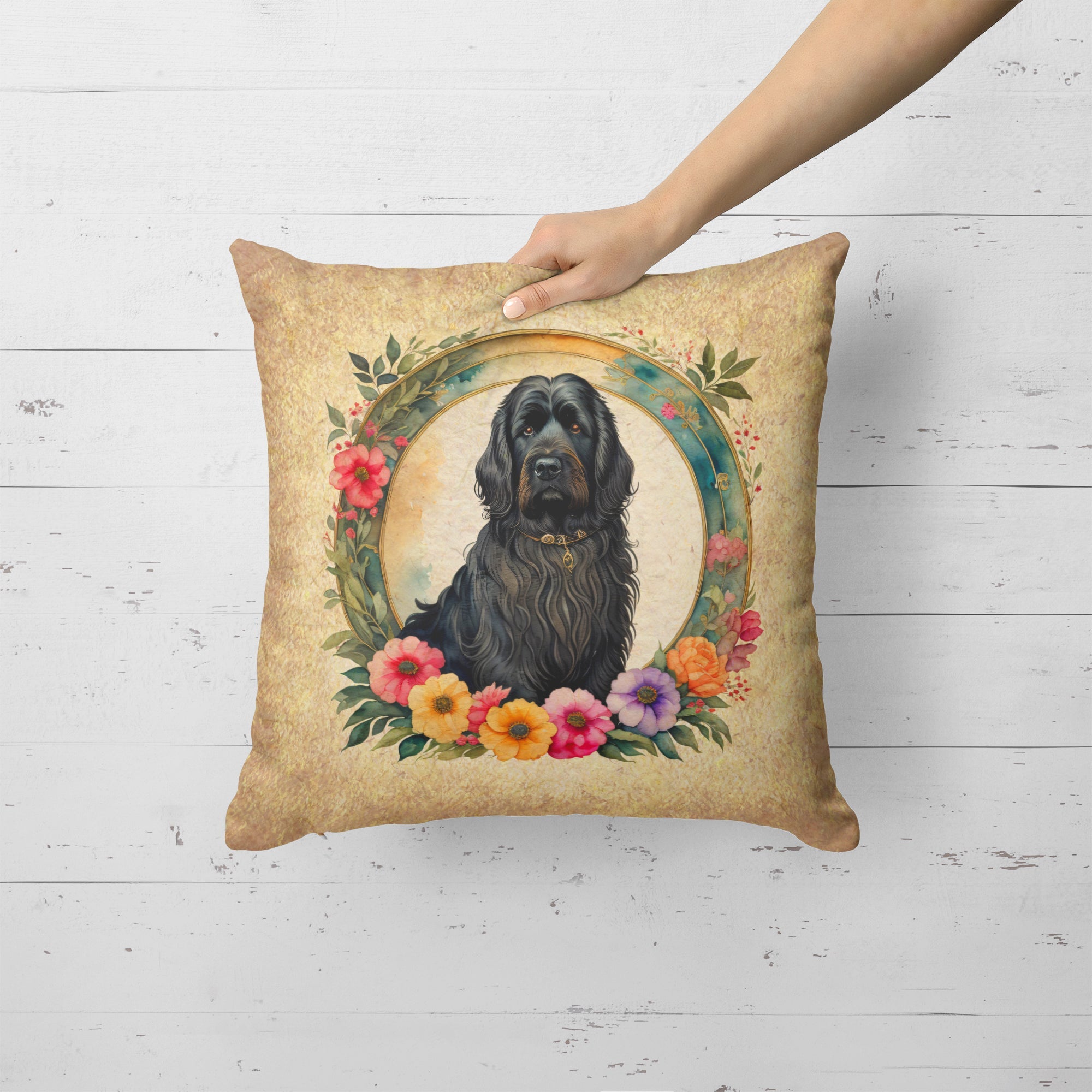 Briard and Flowers Decorative Throw Pillow 18x18 Indoor Outdoor Accent Cushion, Fabric Cover with Insert for Sofa, Bed, Porch & Living Room