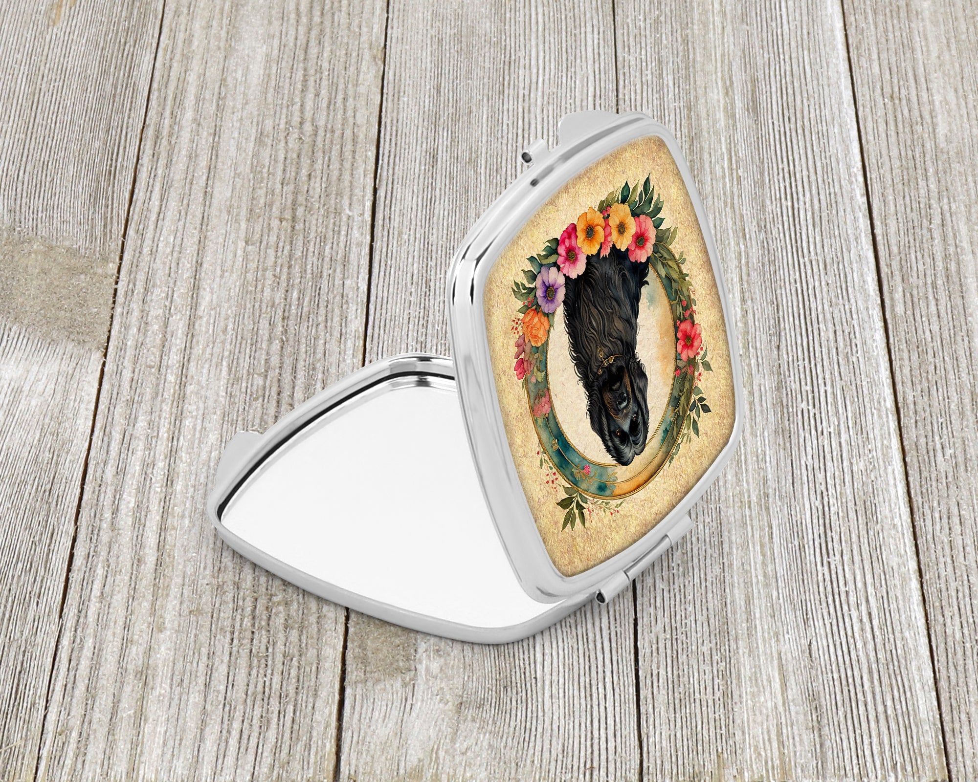 Briard and Flowers Compact Mirror Decorative Travel Makeup Mirror for Women Girls Gifts Pocket Makeup Mirror Folding Handheld