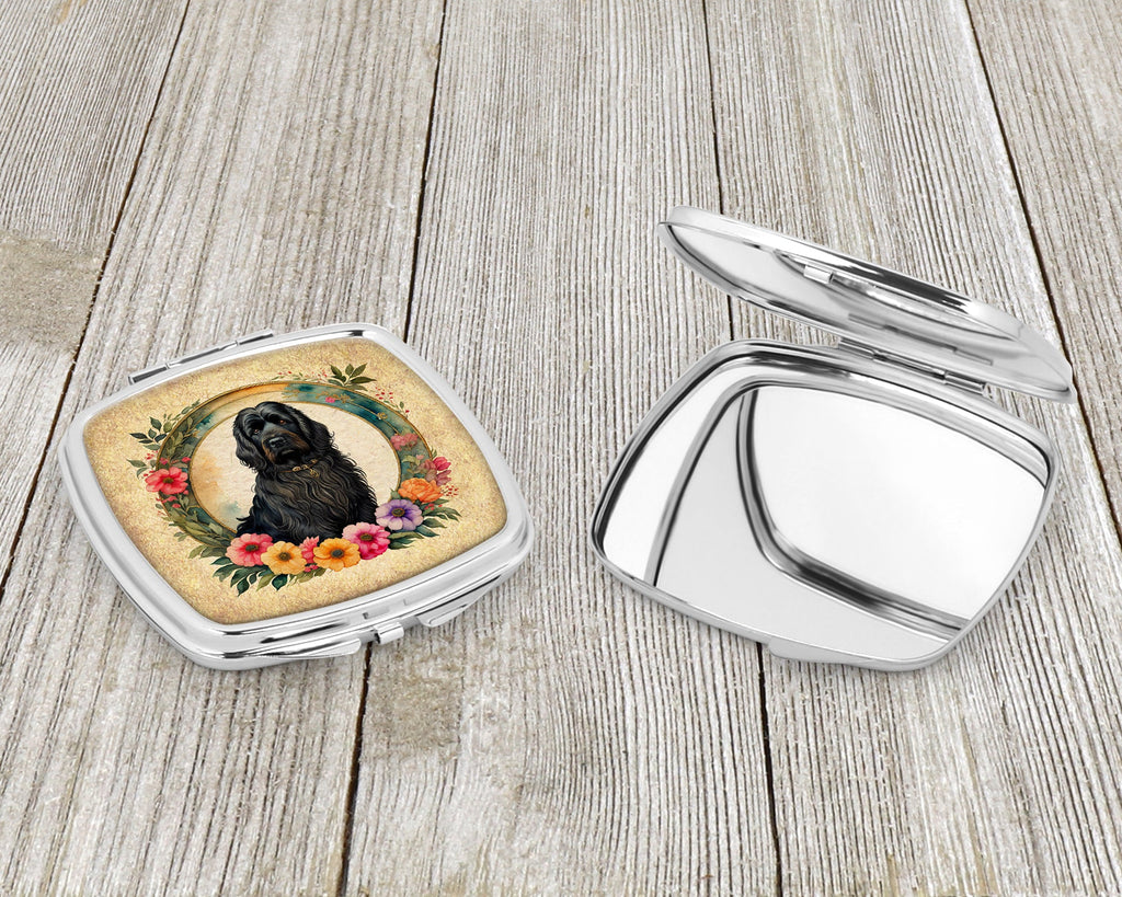 Briard and Flowers Compact Mirror Decorative Travel Makeup Mirror for Women Girls Gifts Pocket Makeup Mirror Folding Handheld
